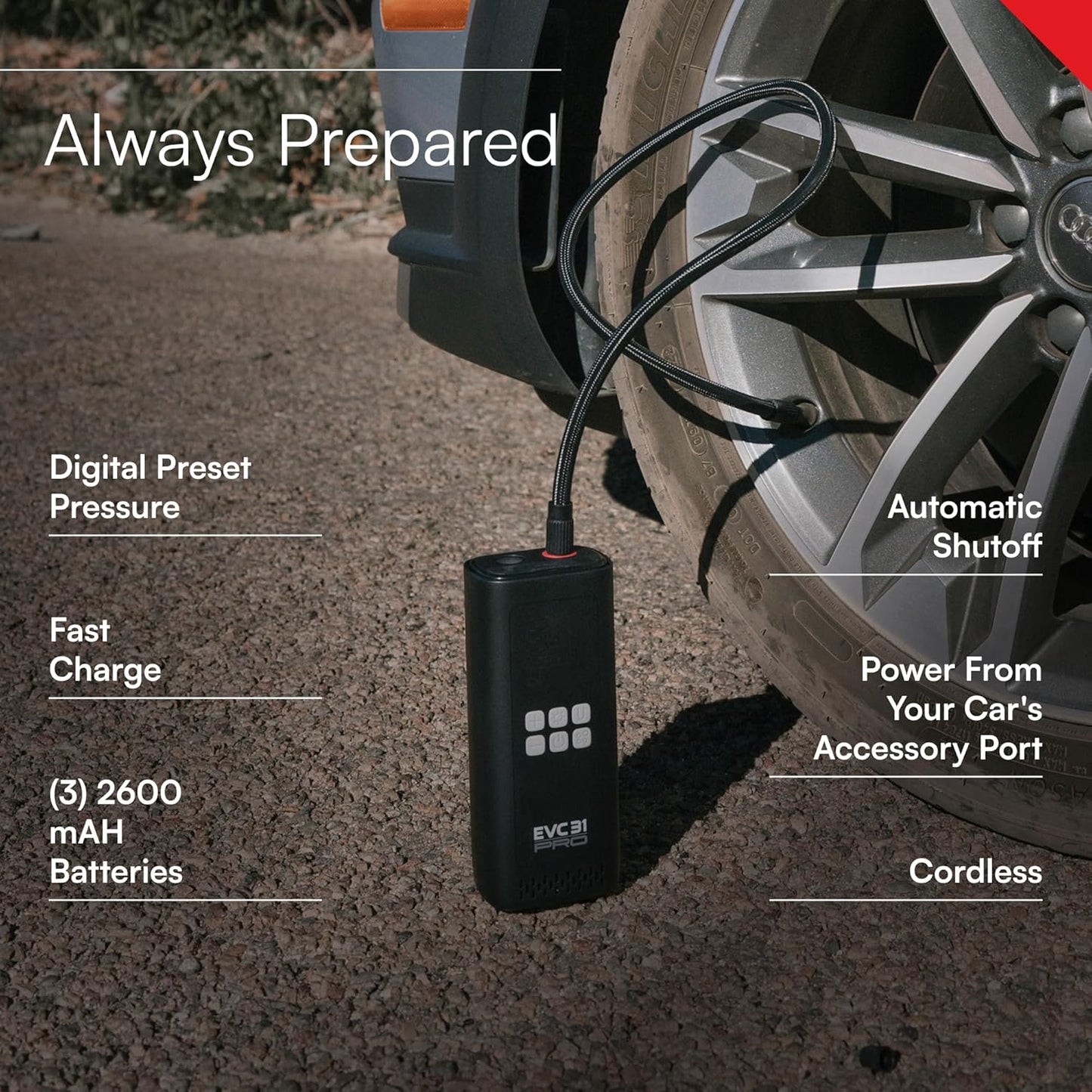 Viair Every Vehicle Carry EVC31 PRO - rechargeable, portable air compressor, dual power source, LED gauge w/preset - Tire Inflator Ideal for LT truck & suv's, cars, motorcycles, & E-bikes