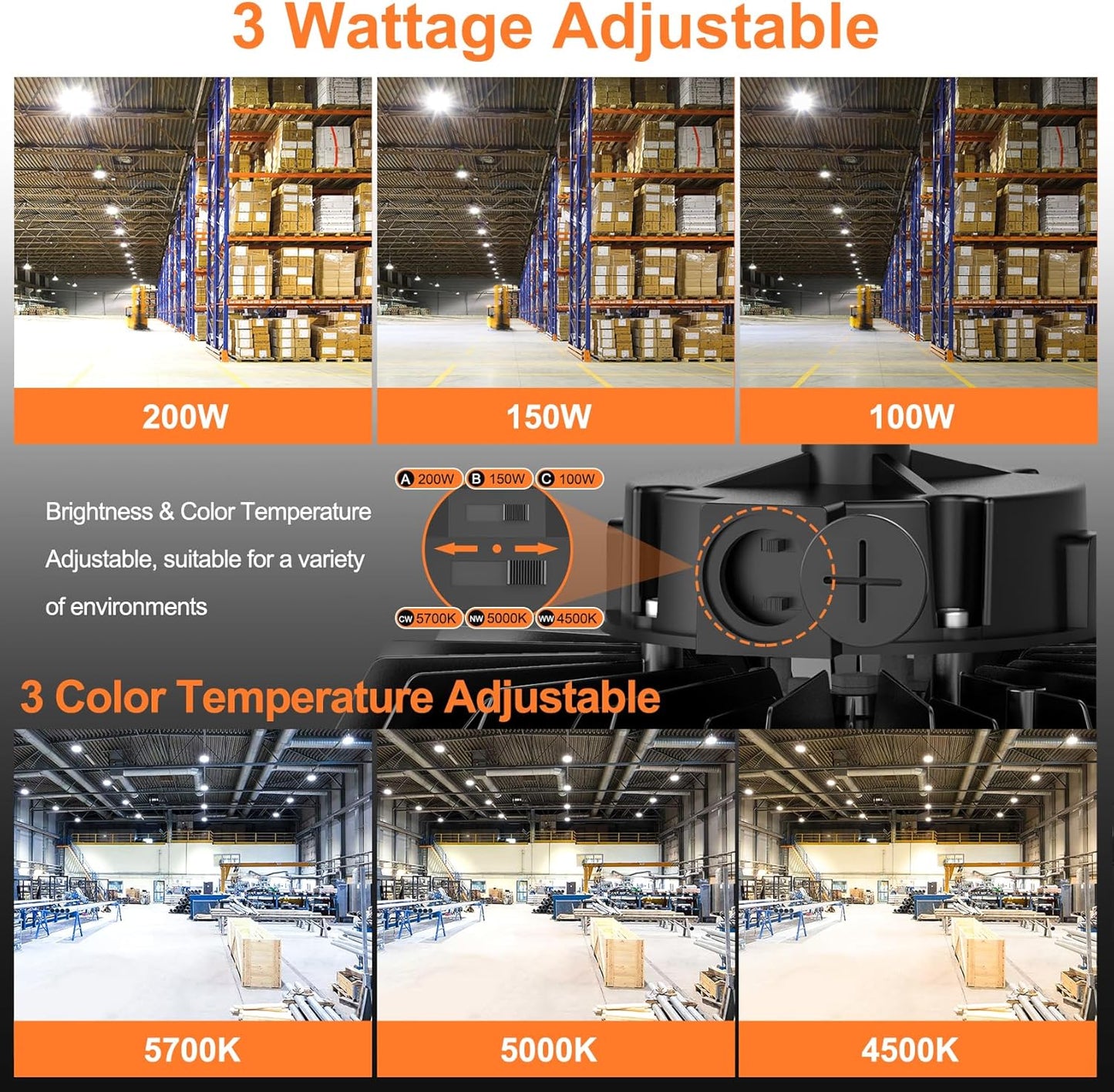 LED High Bay Lights, 200W UFO High Bay LED Shop Lights, 30000LM Adjustable CCT(5700K 5000K 4500K) & Power(200W 150W 100W), 0-10V Dimmable, 5' Cable Plug, IP65 Waterproof, ETL & DLC Listed High Bay