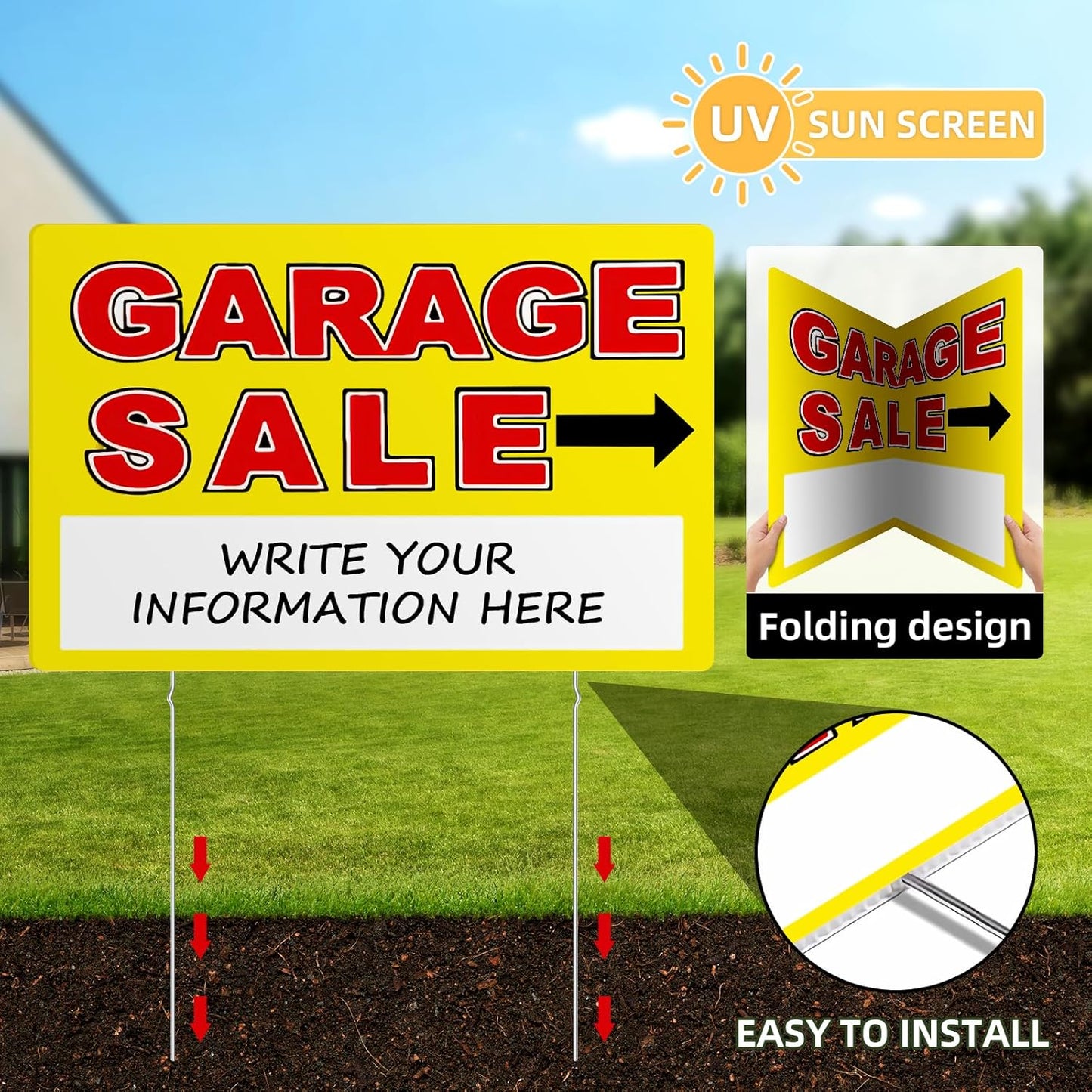 Garage Sale Sign, Large Size 24" x 16" Garage Sale Signs with Stakes, 3PCS Double-Sided Large for Sale Sign with Directional Arrow, Corrugated Plastic Weatherproof Suitable for Yard Sale