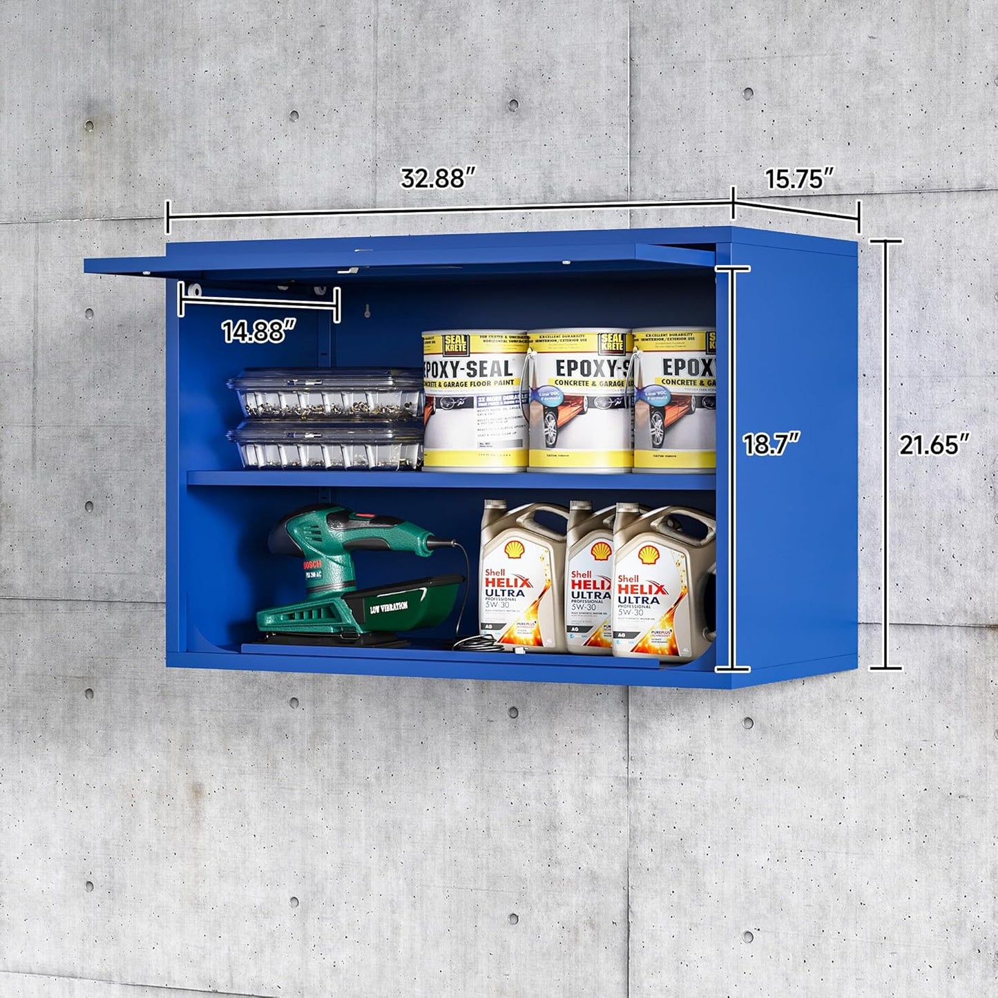 Metal Wall Cabinet with Locking Door and Shelf, Hanging Garage Cabinets with Up-Flip Doors for Garage, Warehouse, Home, Office, Assembly Required (Blue, One Cabinet)