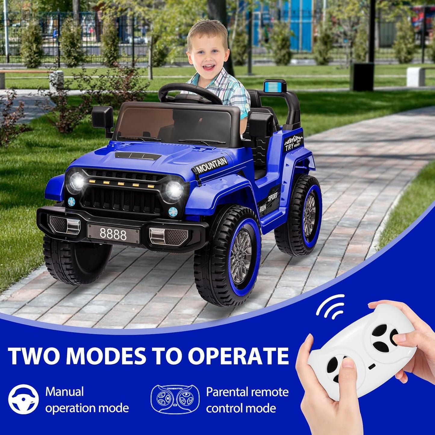 12V Kids Ride on Truck Car, 4 Wheeler Electric Vehicles with Remote Control, Spring Suspension, 3 Speeds, LED Lights, Music, MP3, Battery Powered Ride on Toy Gift for Boys Girls, Dark Blue
