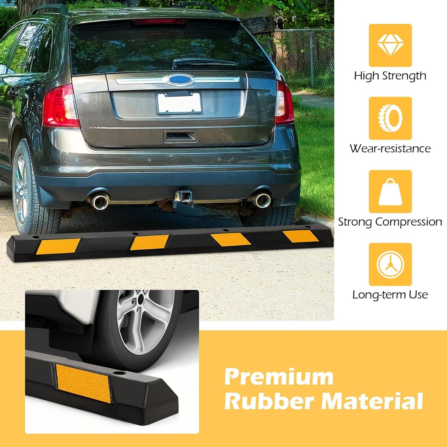 Rubber Parking Curb Garage Floor Stopper, 72" Heavy Duty Parking Lot Stopper with Yellow Reflective Stripes, Guide Wheel Stopper for Car, Truck, RV, Trailer, Driveway (8 Pack)