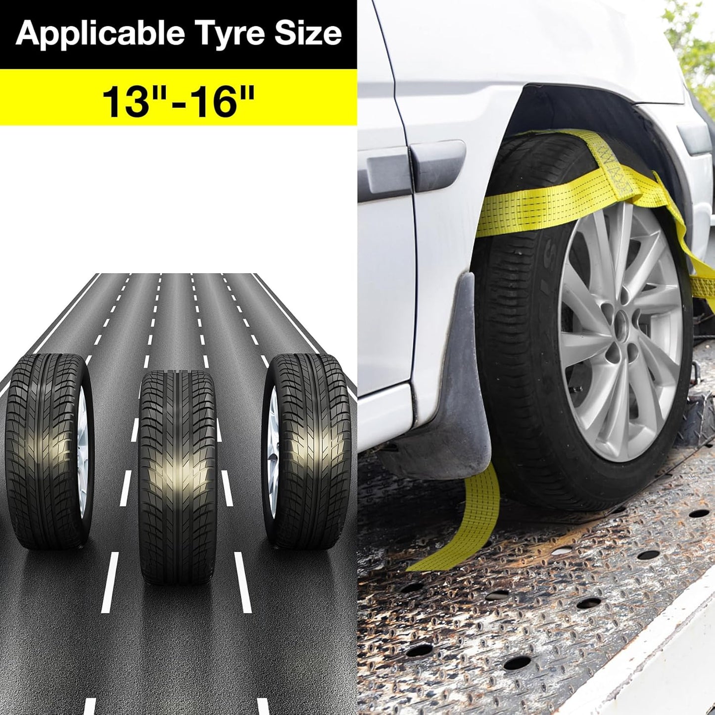 Tow Dolly Basket Straps with Flat Hooks Fits 14" 15" 16" Car Auto Hauler Wheel for A Car Trailer,SUV,UTV,ATV Transport Vehicle Tire Tie Down Strap Kit Heavy Duty Tire Bonnet Net Safe