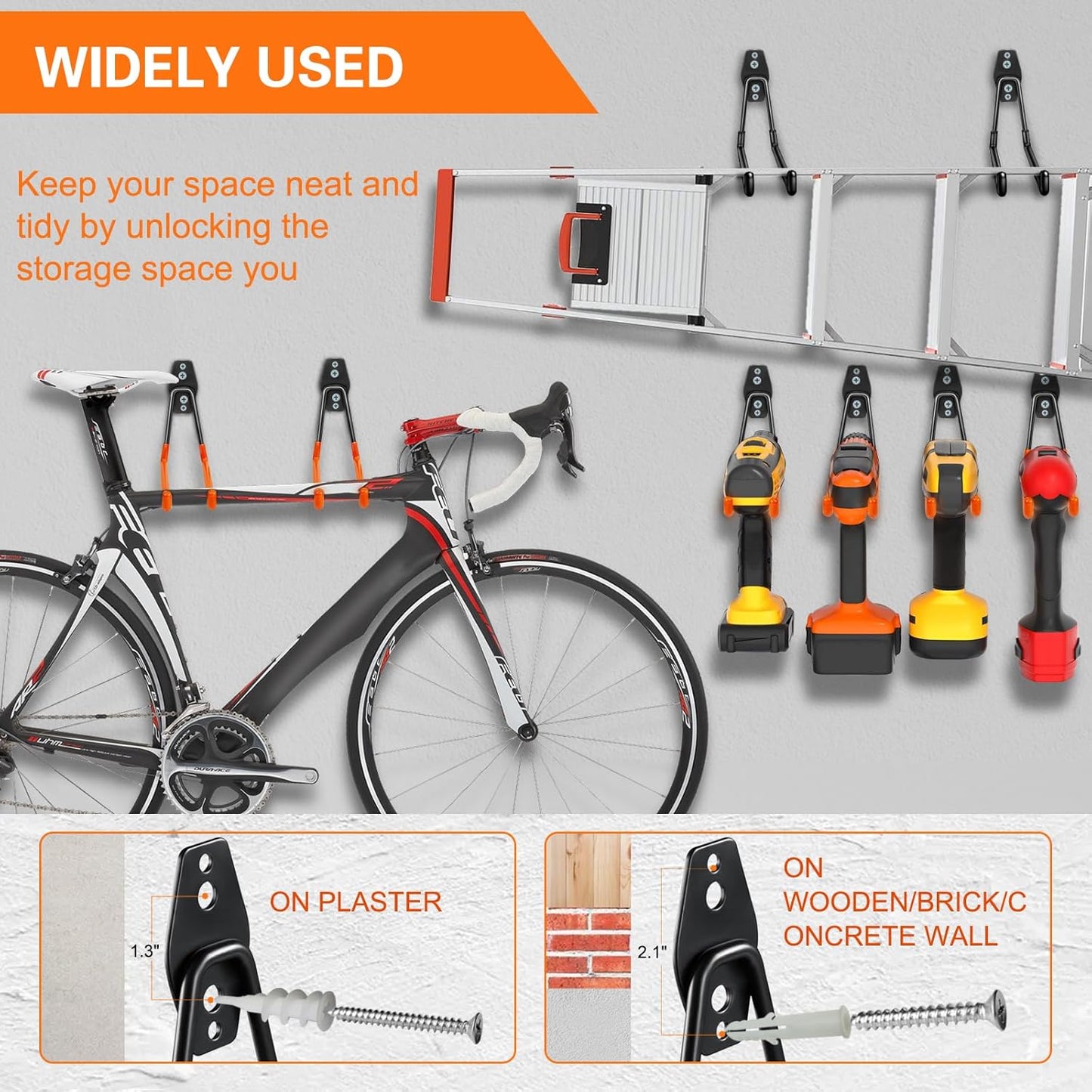 Heavy Duty Garage Hooks 4 Pack, 7.7 inch U Shaped Long Hanger, with 2 Extension Cord Holder Organizer, Wall Mounted Storage System, for Power and Garden Tool Hanging， Ladders, Bikes, Hose