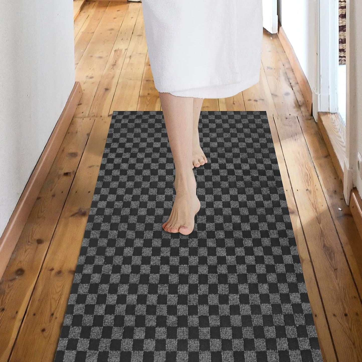 Custom Size Backed Non-Slip Area Rugs Runner, Easy Clean, Waterproof Runner Rugs for Hallway Entryway, Kitchen, Laundry, 4FT x 61FT, Gray Checkered