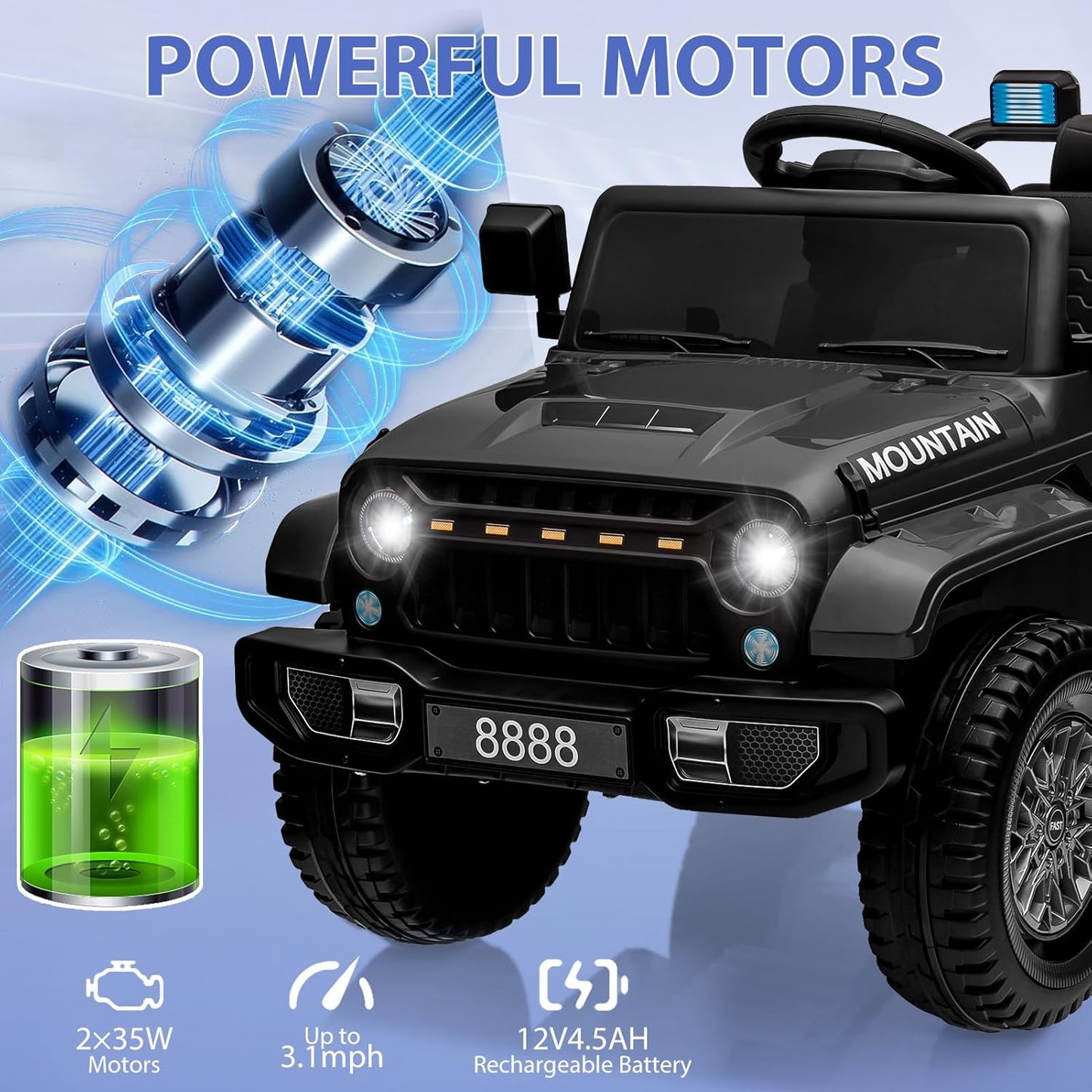 12V Kids Ride On Truck Car, Battery Powered Electric Vehicles with Remote Control, Spring Suspensions, 3 Speeds, LED Lights, Music, MP3, Ride On Toy Car for Children Toddles Boys Girls, Black