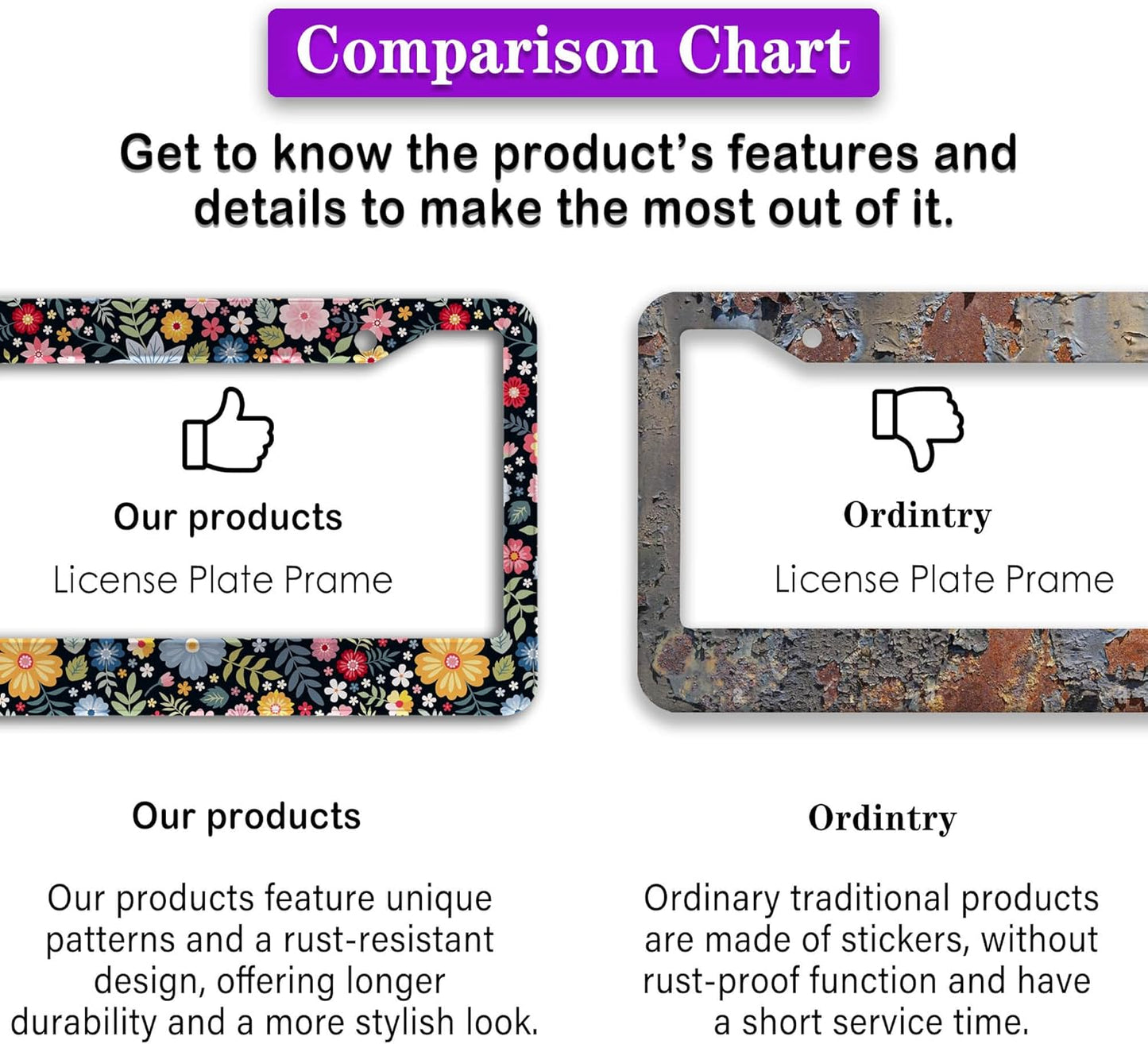 License Plate Protector Multicolor License Plate Frames Colorful Floral Flowers Universal Aluminum Car Accessory 2 Pack with Screw Covers Set