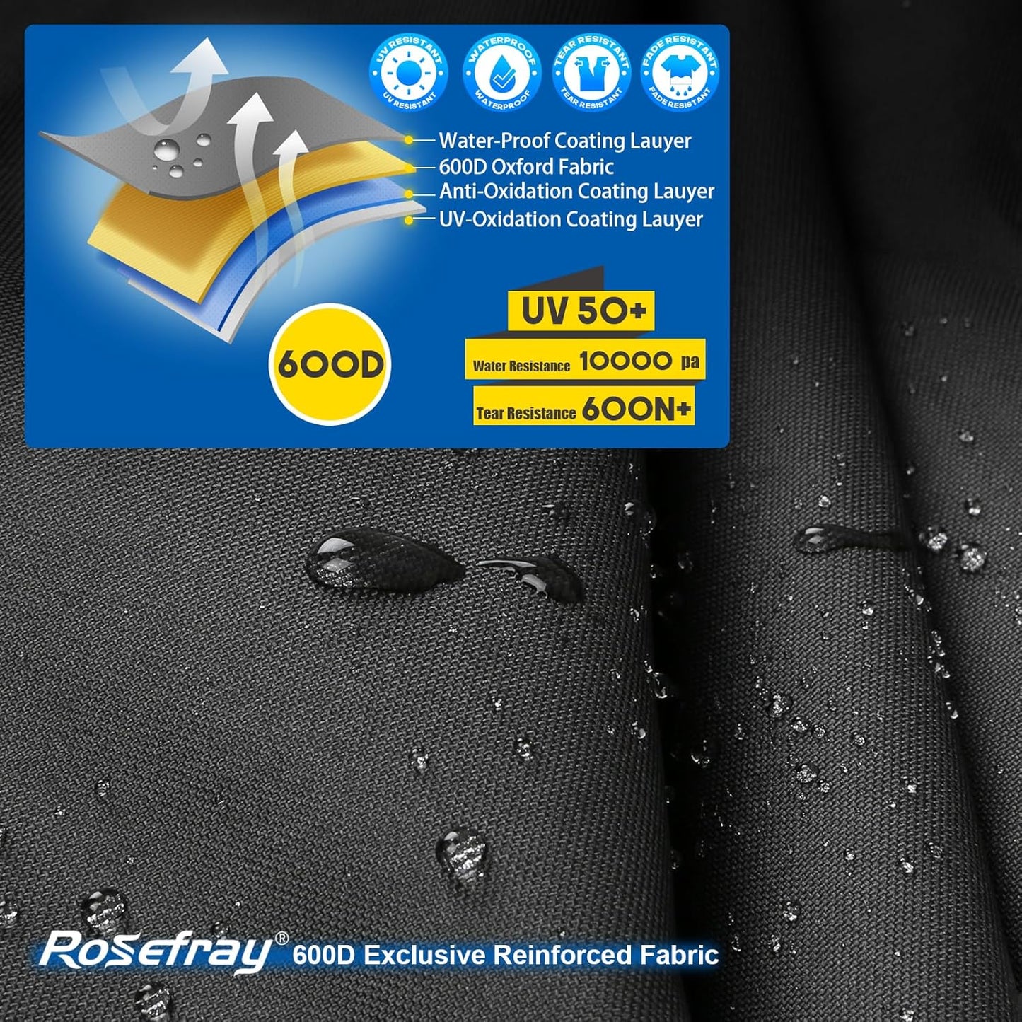 Rosefray Motorcycle Cover 600D Waterproof for Touring Models Harley Davidson Road King,Road Glide,Street Glide, Electra Glide,Low Rider-ST Indoor & Outdoor Storage Black