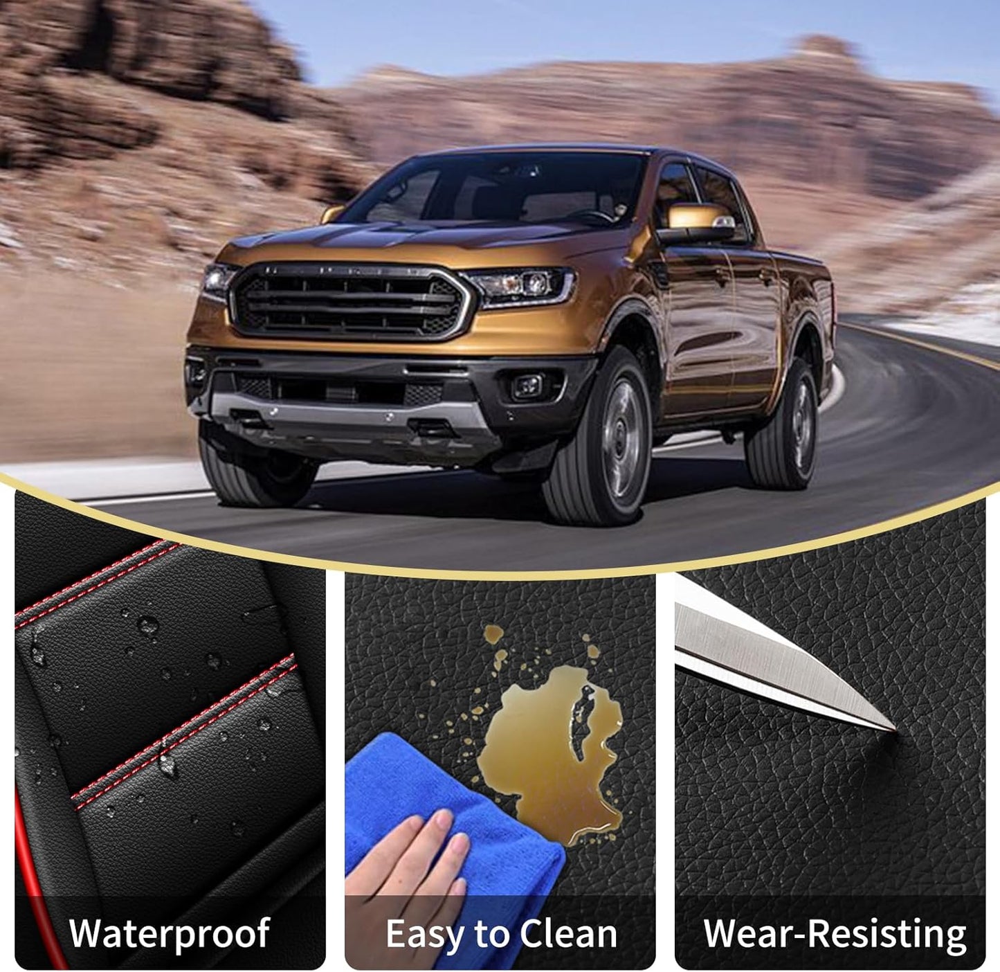 AOMSAZTO Ford Ranger Seat Covers: Full Set Custom Fit 2019 2020 2021 2022 2023 2024 2025 Ford Ranger Breathable Waterproof Leather Seat Protector(5 Seats, Redline)