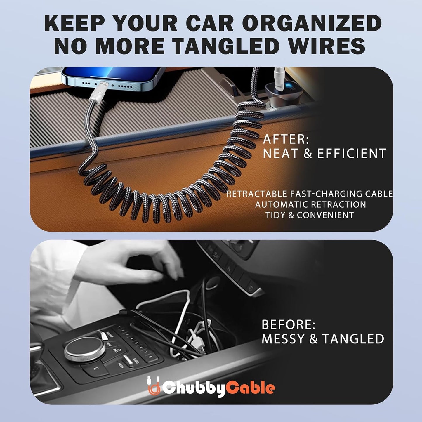chubbycable Curly Chubby - Retractable Fast Charging Cable 240W Coiled Charger Cord for Car Durable USB-C Cable for Phones, Tablets and More, Dark Blue+Dark Blue, USB-A to Type-C, 1.3FT-2.3FT