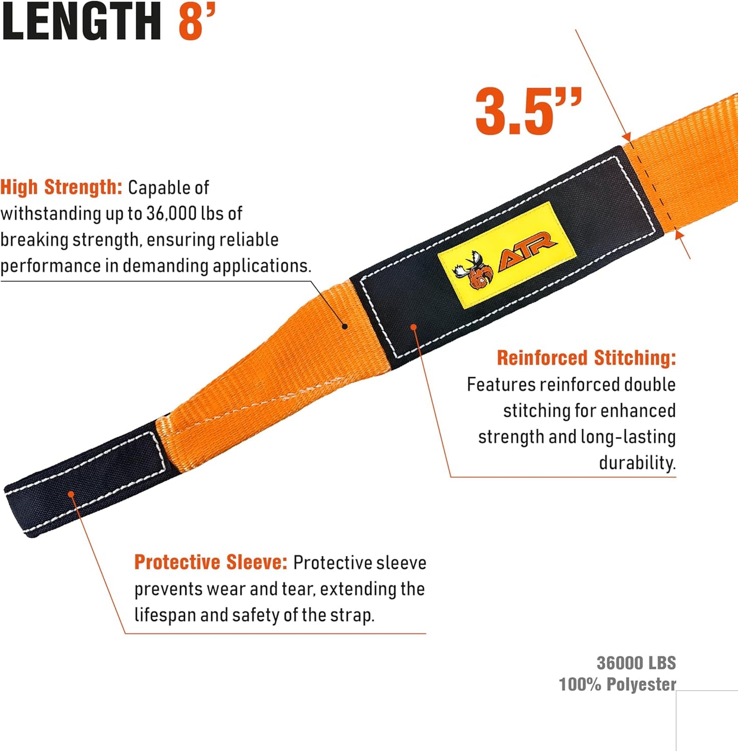 ATR Tree Saver Strap 3.5" x 8ft – 36,000 lbs Break Strength, Heavy Duty Tow Strap for Winch, Off-Road Recovery, Truck, Jeep, Short Polyester Recovery Rope with Loops