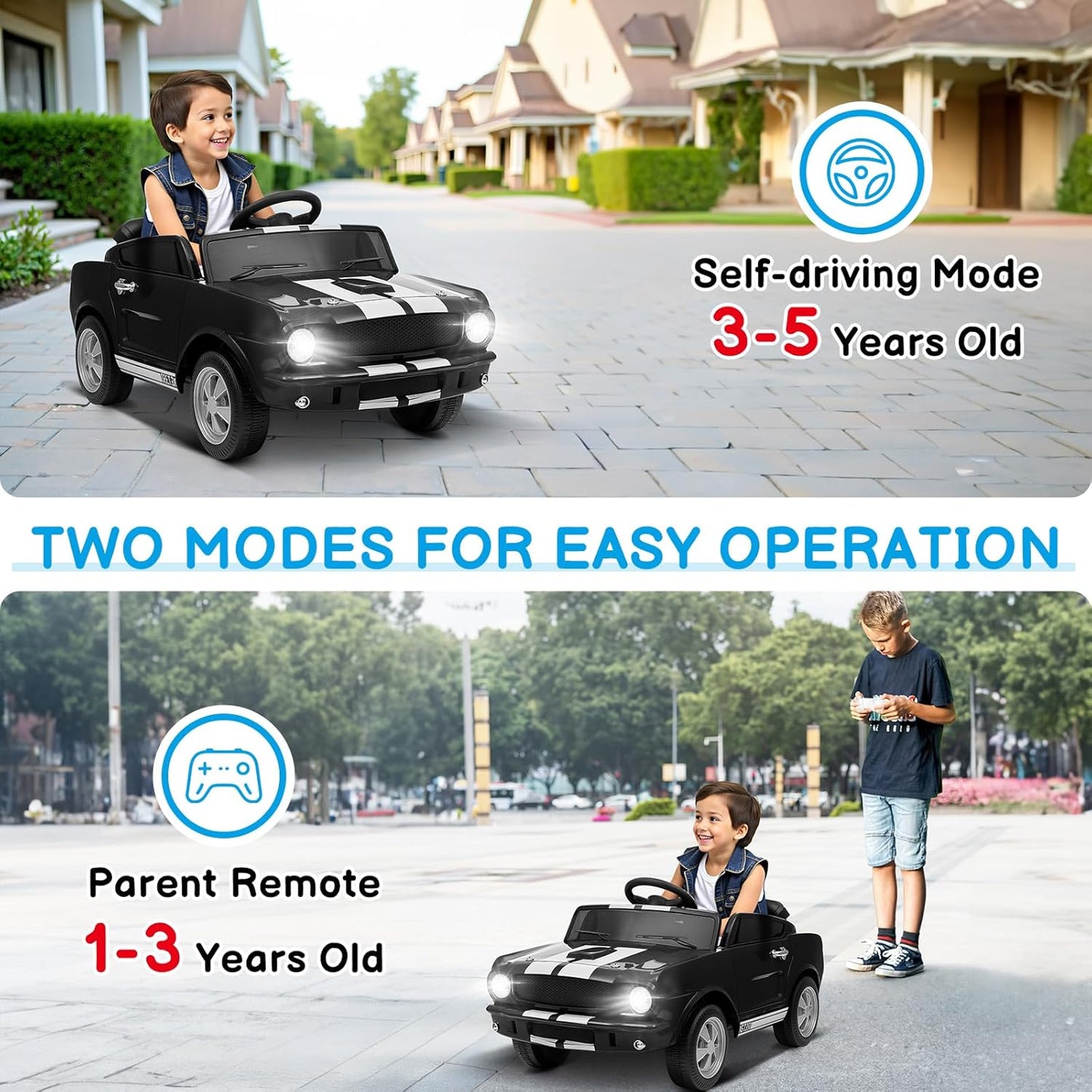 Winado 12V Licensed Shelby Electric Car for Kids, Battery Powered Ride On Toy for Toddlers with Remote Control, Upgrade Panel, Bluetooth, Shock Absorbers, Safety Belt, 3 Speeds, LED Lights - Black