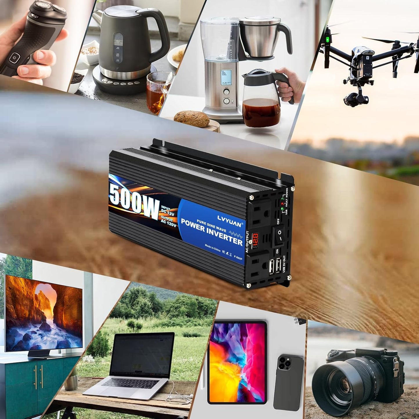 LVYUAN 500 Watt Pure Sine Wave Power Inverter 12V to 110V/120V DC to AC Converter with Dual Sockets, Dual USB Ports, LED Display for Home Outdoor RV Car Power Inverter Power Adapter