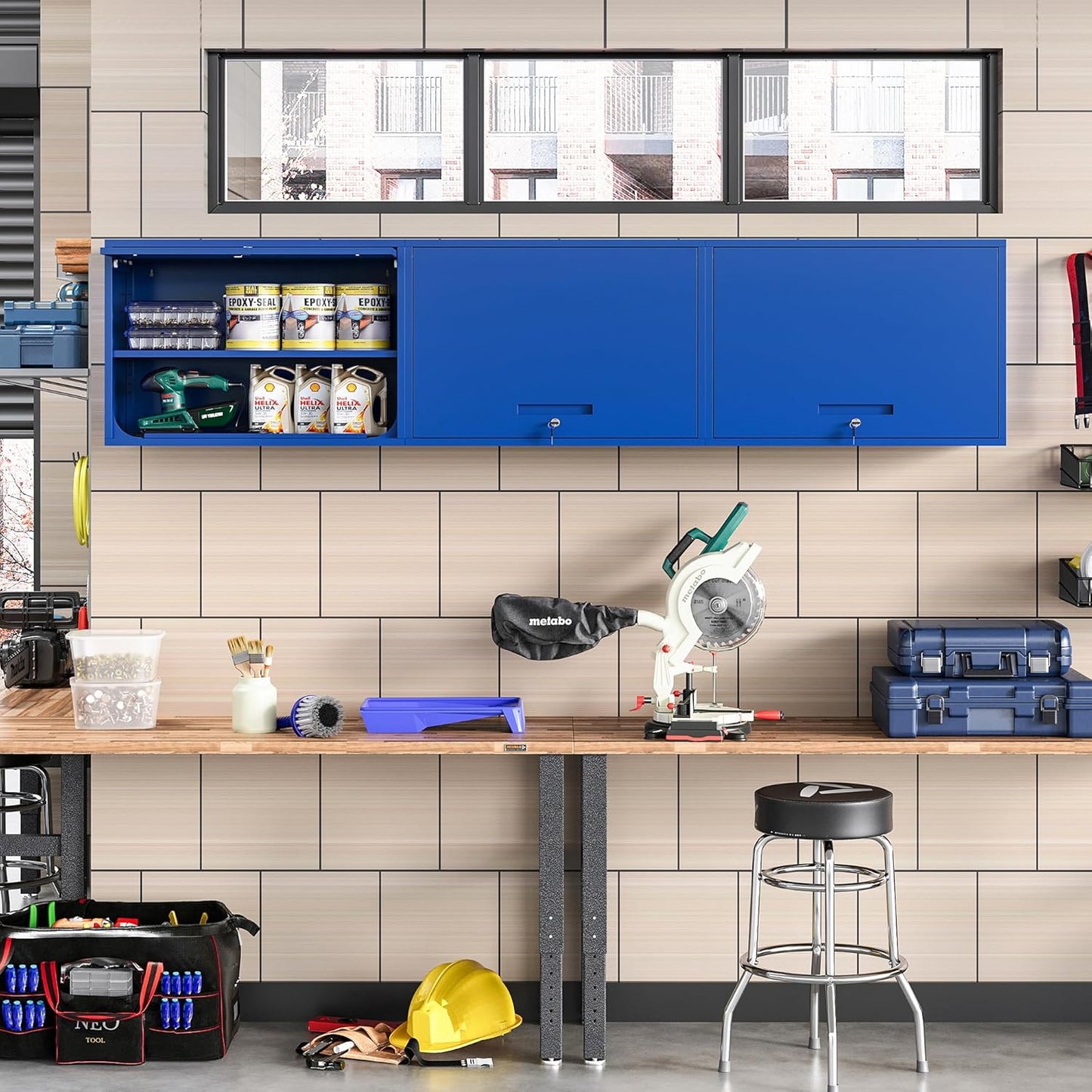 Metal Wall Cabinet with Locking Door and Shelf, Hanging Garage Cabinets with Up-Flip Doors for Garage, Warehouse, Home, Office, Assembly Required (Blue, One Cabinet)