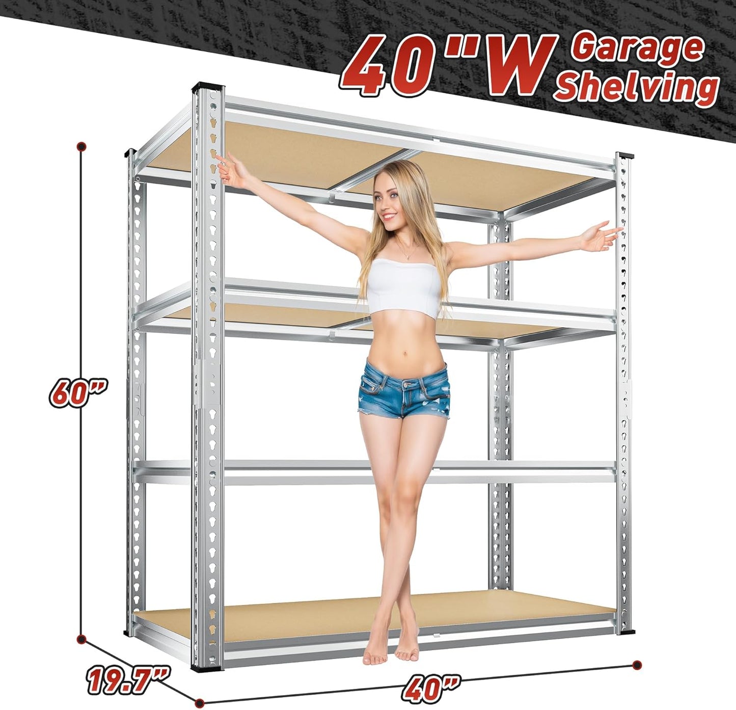 REIBII 40" W Garage Shelving 2000LBS Storage Shelves Adjustable Metal Shelving 4 Tier Pantry Shelves for Closet Basement Kitchen 40" W x 19.7''D x 60''H, Silver