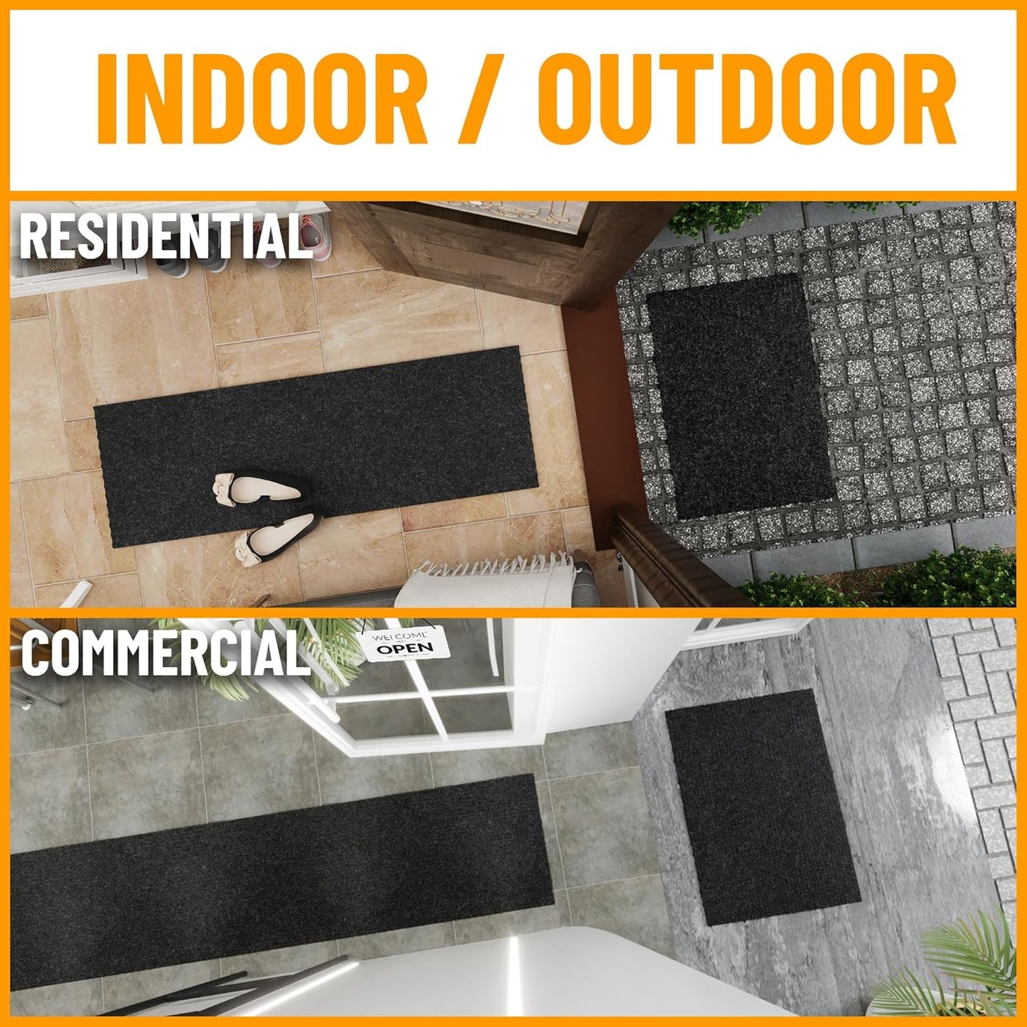 Ottomanson 2' x 33' Hallway Runner with Scraper Pile Extra Durable Non-Slip Rug Mat for Indoor & Outdoor Use - Ideal for Kitchen, Entryway, Patio & Garage - High-Traffic Carpet, Black