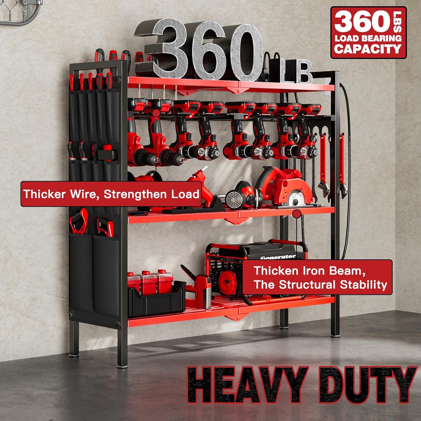 Large Power Tool Organizer Cart with Charging Station 8 Drill Holder Garage Storage Standing Heavy Duty and Stability Storage Rack Utility Tool Shelf (Red)