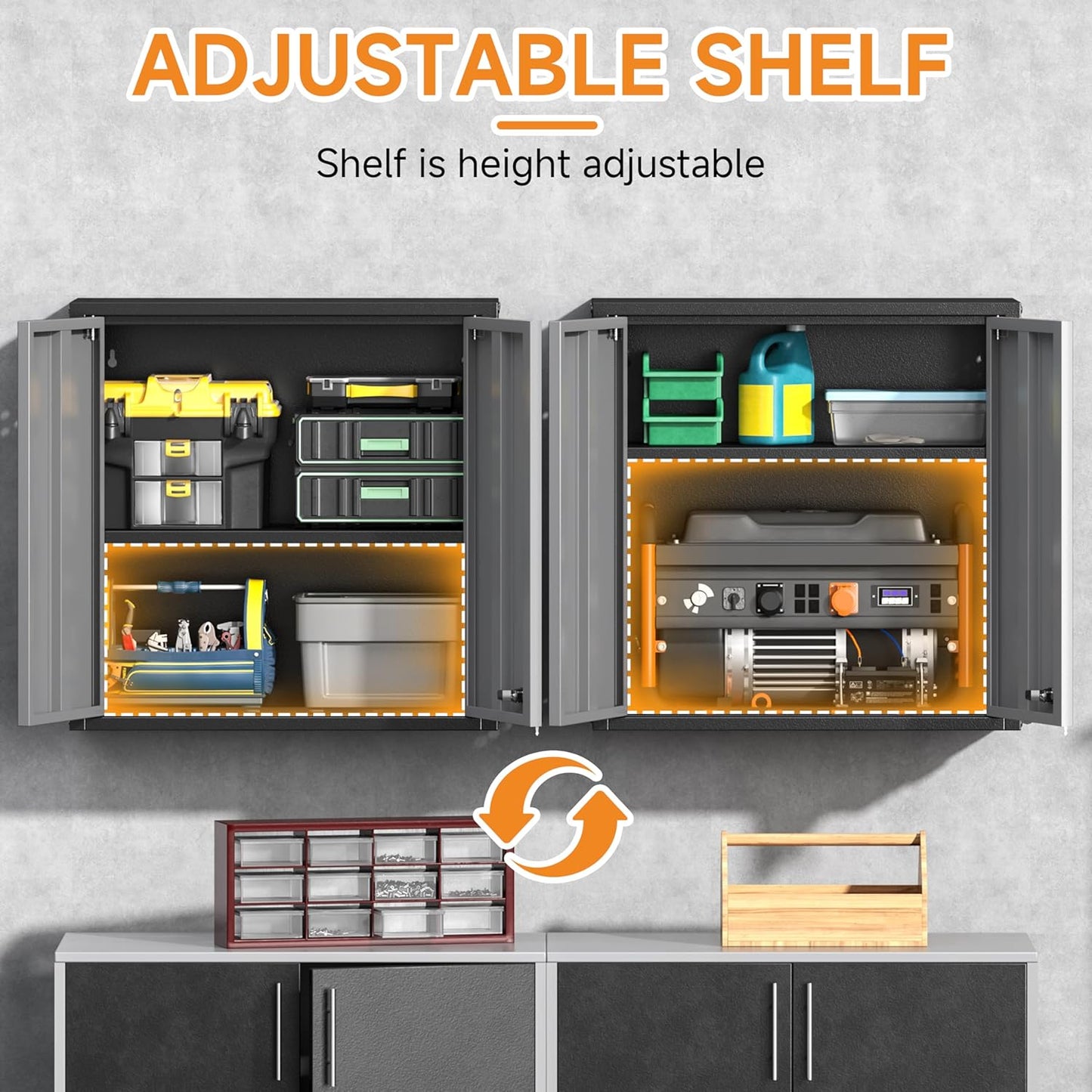 Metal Garage Wall Cabinet with 2 Doors and 1 Adjustable Shelf,Lockable Floating Tool Cabinet with Pegboard,Steel Storage Cabinet for Kitchen,Office,Garage,Laundry,Warehouse(Black&Gray, 26"H)