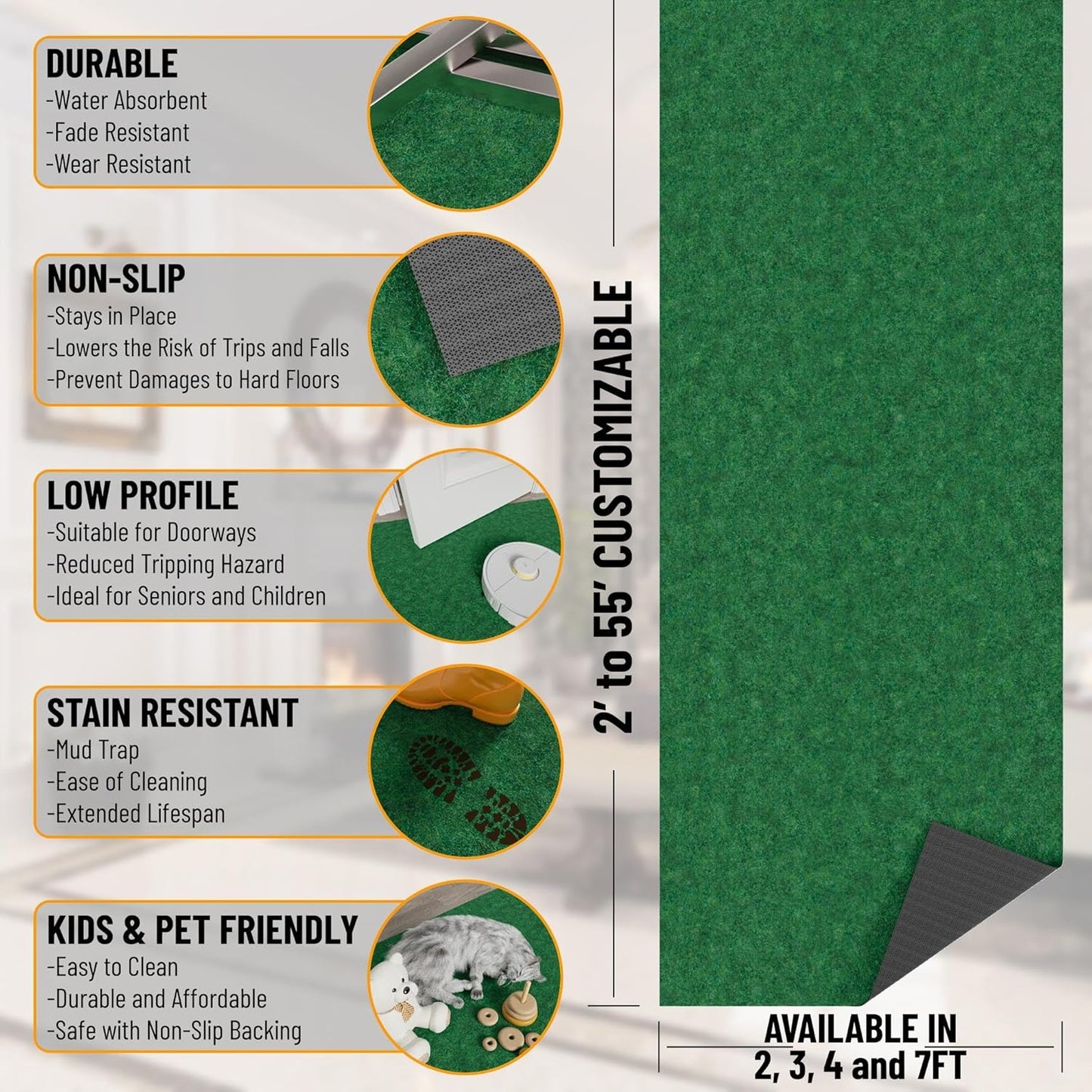 Ottomanson 2'7" x 15' Hallway Runner with Scraper Pile - Extra Durable Non-Slip Rug Mat for Indoor & Outdoor Use - Ideal for Kitchen, Entryway & Garage - High-Traffic Carpet, Green