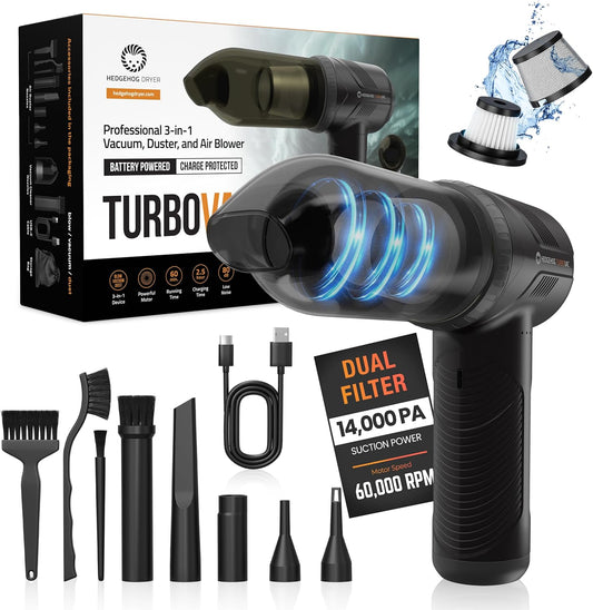Hedgehog TurboVAC 3 in 1 Portable Car Vacuum Cleaner, Blower & Air Pump - Hand Held Vacuum Cleaner for Car with USB C Rechargeable, 14000PA Powerful Suction, Lightweight Dust Buster for Home & Outdoor