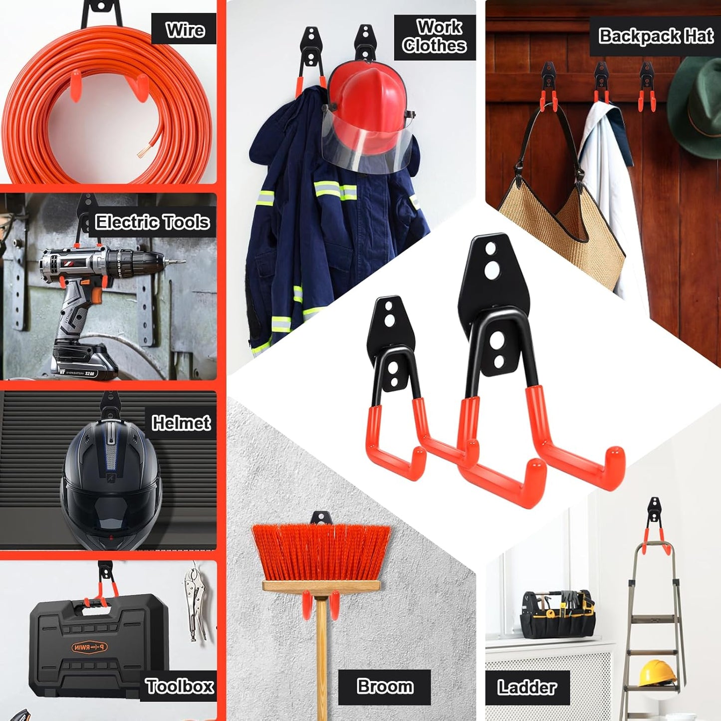 15 pcs Garage Wall Hooks Garage Storage Hook with Anti-Slip Coating,Heavy Duty Wall Mount Hooks for Hanging Bike, Ladder, Power Tools with Extension Cord Holder Organizer