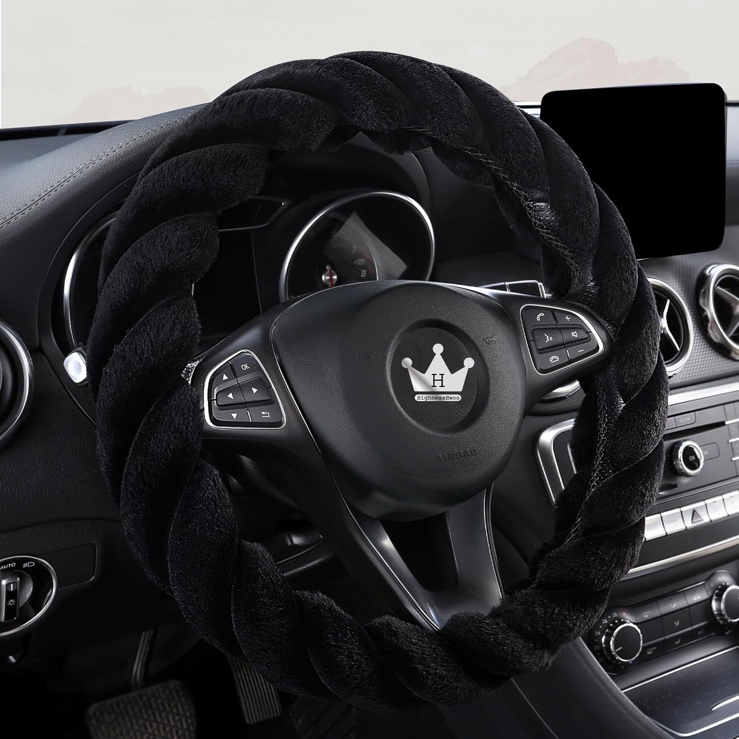 Luxury Fluffy Winter Car Steering Wheel Cover for Women Soft Warm Cute Auto Handle Cover for Jeep, Truck, Van, F150, Fuzzy, Anti Slip, Black, Large Size, 15.2-16in