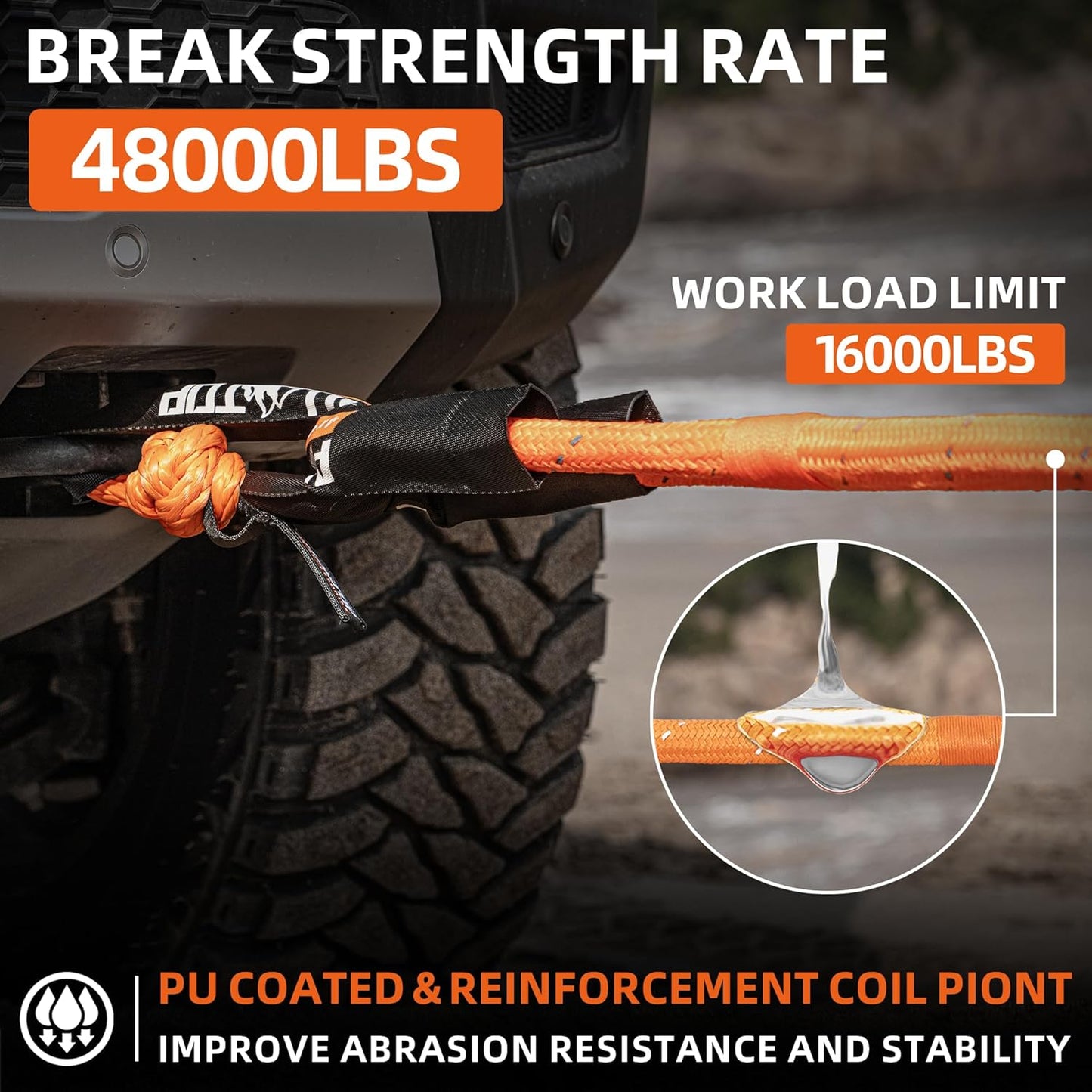 ALL-TOP Kinetic Recovery Rope (Reflective) 48000Lbs, 1in x 30ft, Heavy Duty 30+% Elasticity, 16000Lbs Work Load Limit for 4x4 Offroad