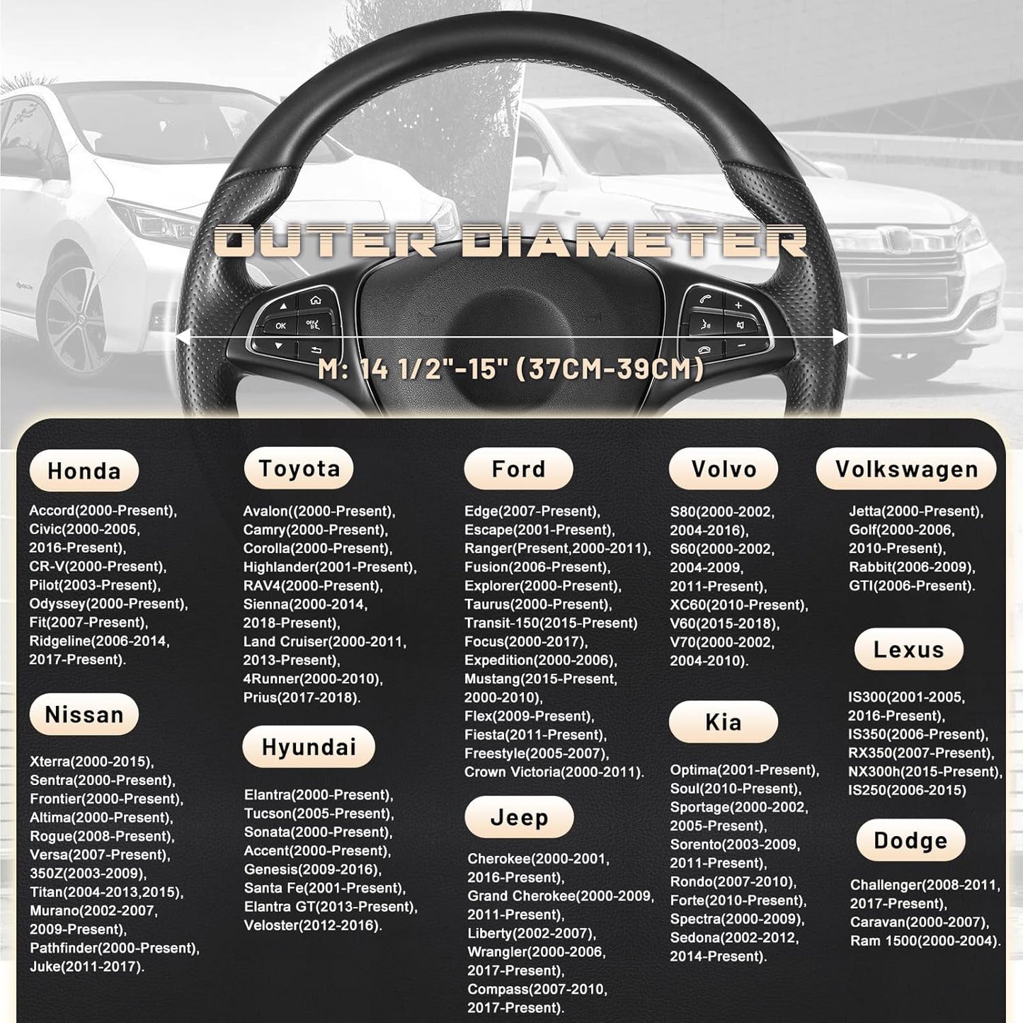 SEG Direct Car Steering Wheel Cover Universal Standard Size 14.5-15 inch, Black and Beige Microfiber Leather