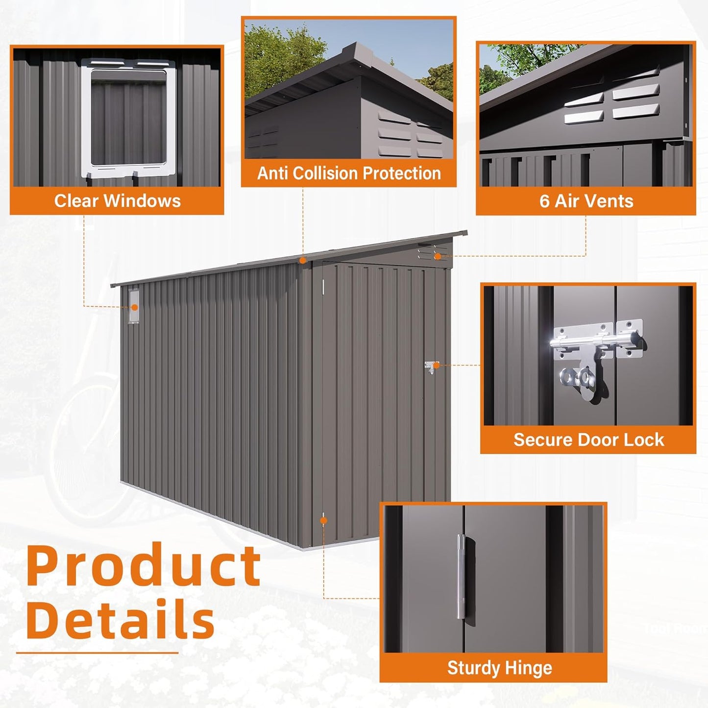 Lean to Storage Shed 4 x 9 FT Outdoor Metal Wall Storage Shed & Garden Storage Cabinet, Tool Shed with Sloping Roof, 2 Vents & Side Open Door for Backyard, Patio, Garage & Lawn, Gray