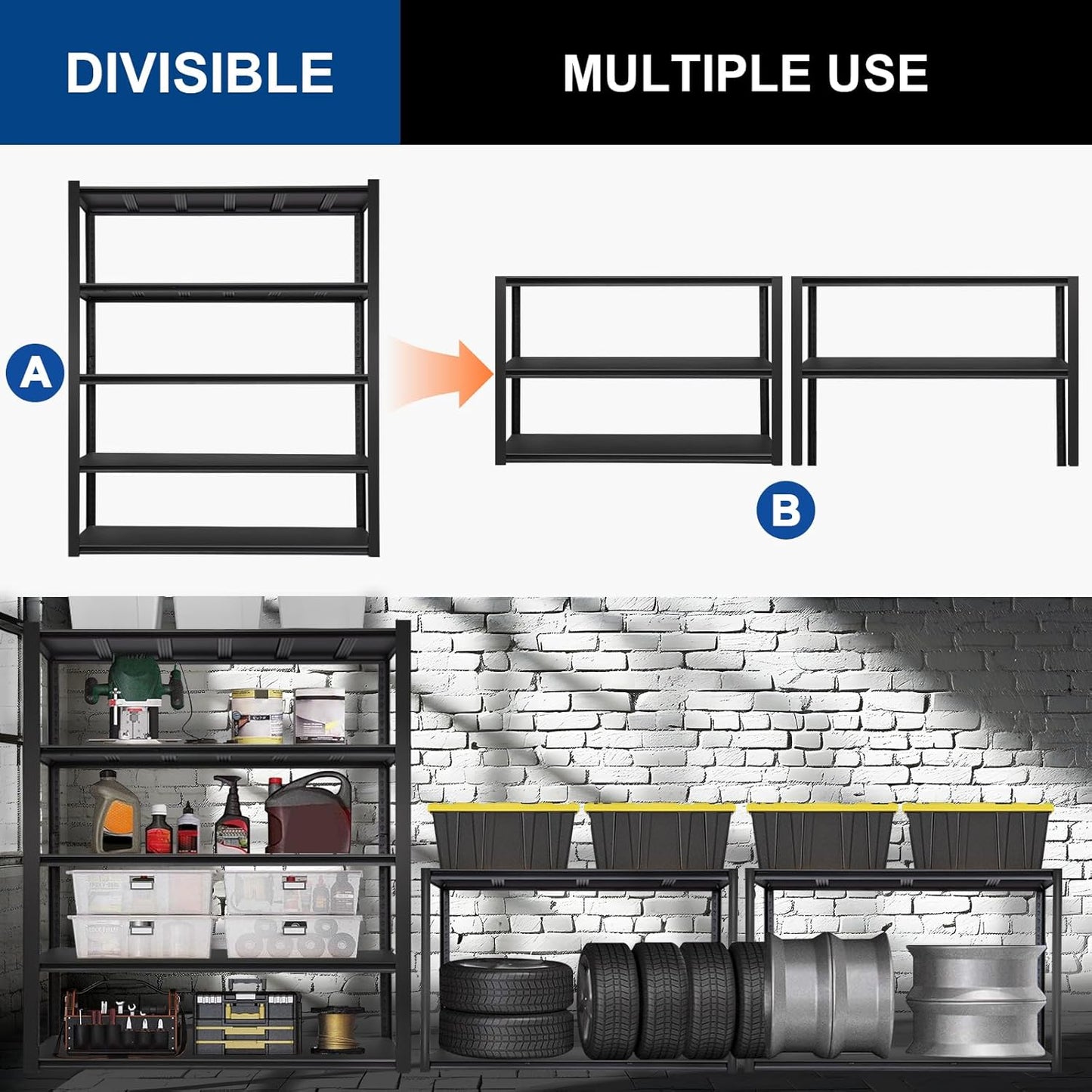 BILT HARD 3500LBS 48" W x 24" D x 72" H Garage Shelving, 5-Shelf Industrial Storage Shelves Heavy Duty, Metal Shelving Units with Adjustable Shelf, Steel Utility Shelves, 2 Pack