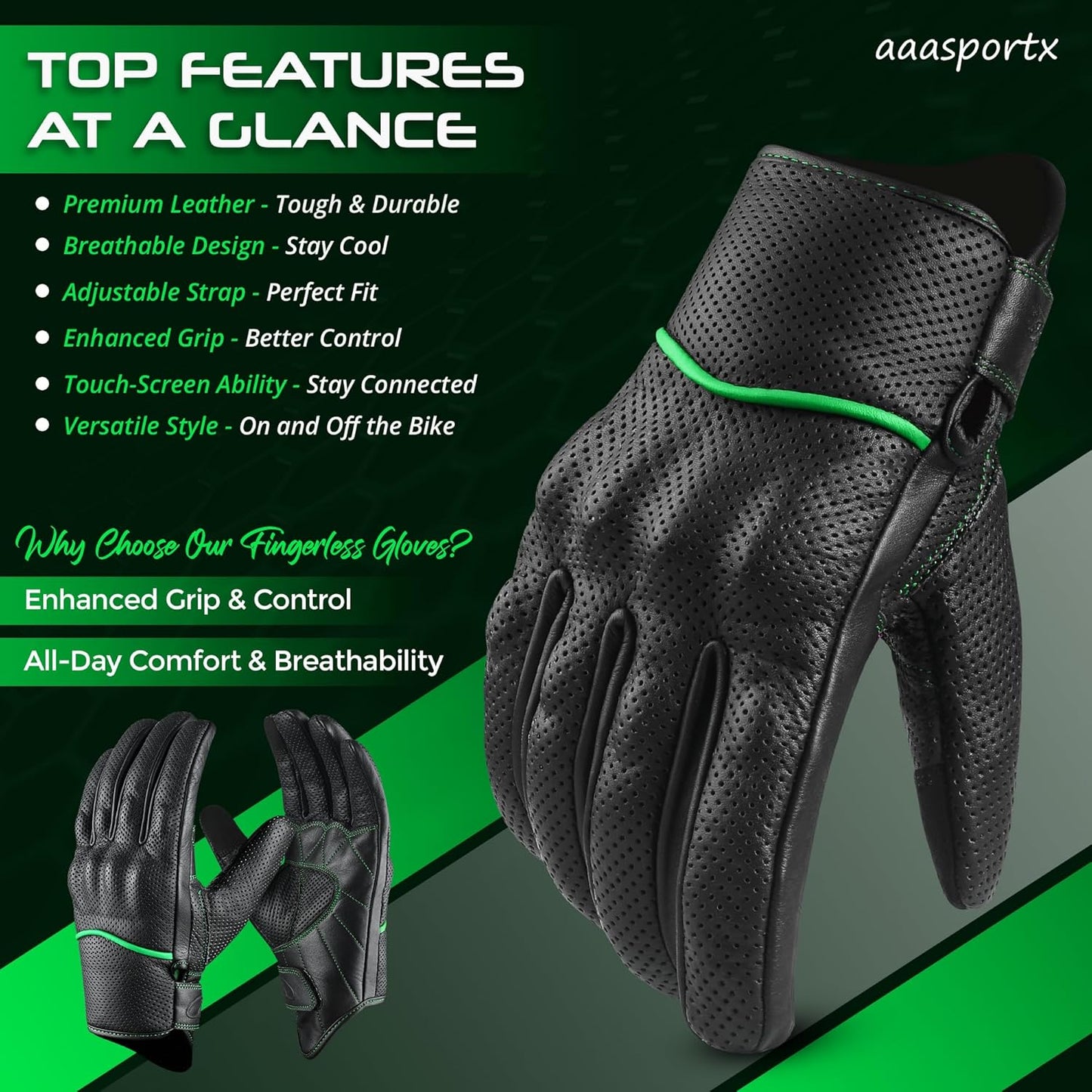 aasportx Motorcycle Gloves - Men's Leather Motorbike Gloves with Touchscreen Function - Non-Slip Pads for Men & Women