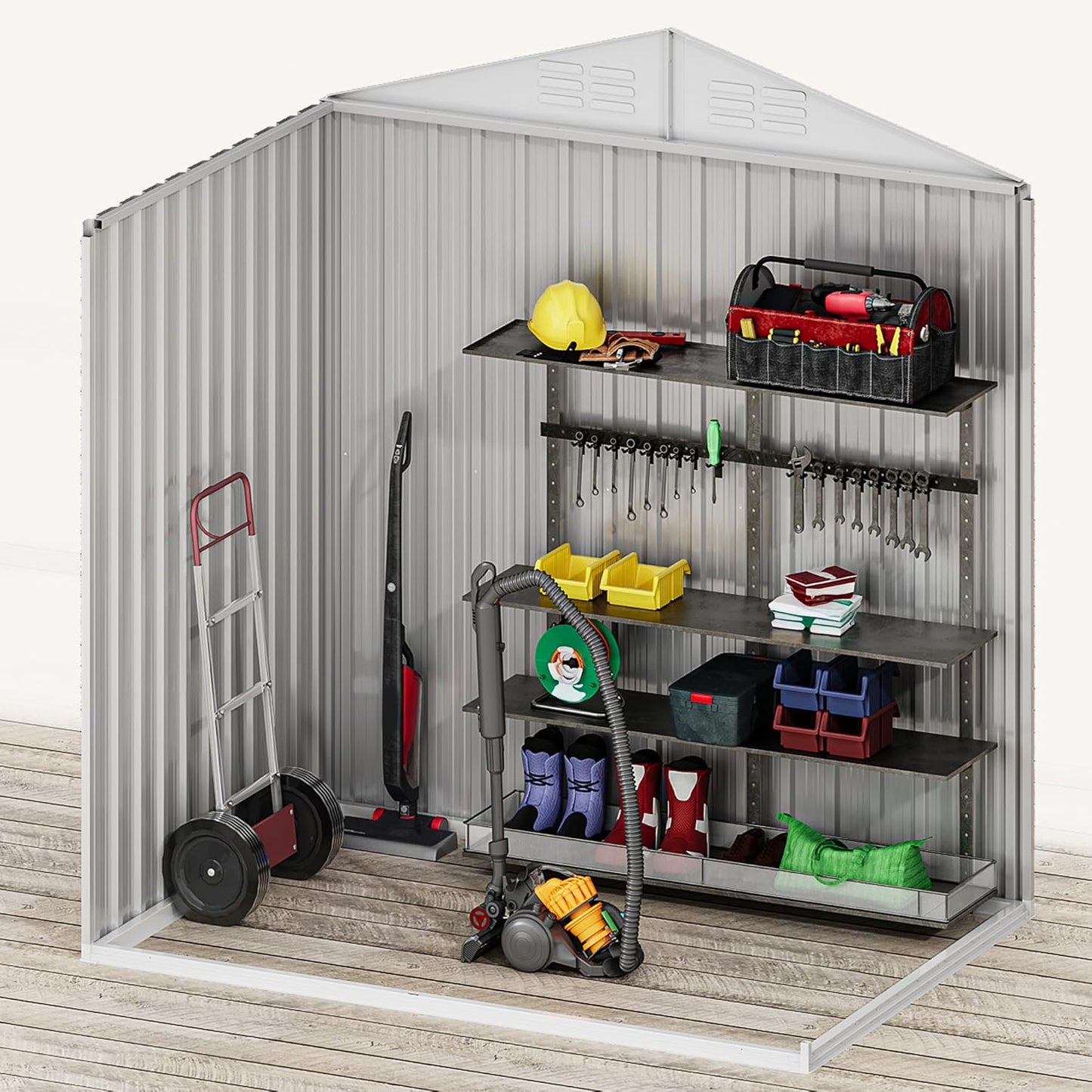 DWVO 6x4ft Storage Shed for Outdoors, Metal Sturdy Weatherproof Tool Locker with Secure Door and Ventilation for Equipment, Mowers, Bikes, Outdoor Spaces, White