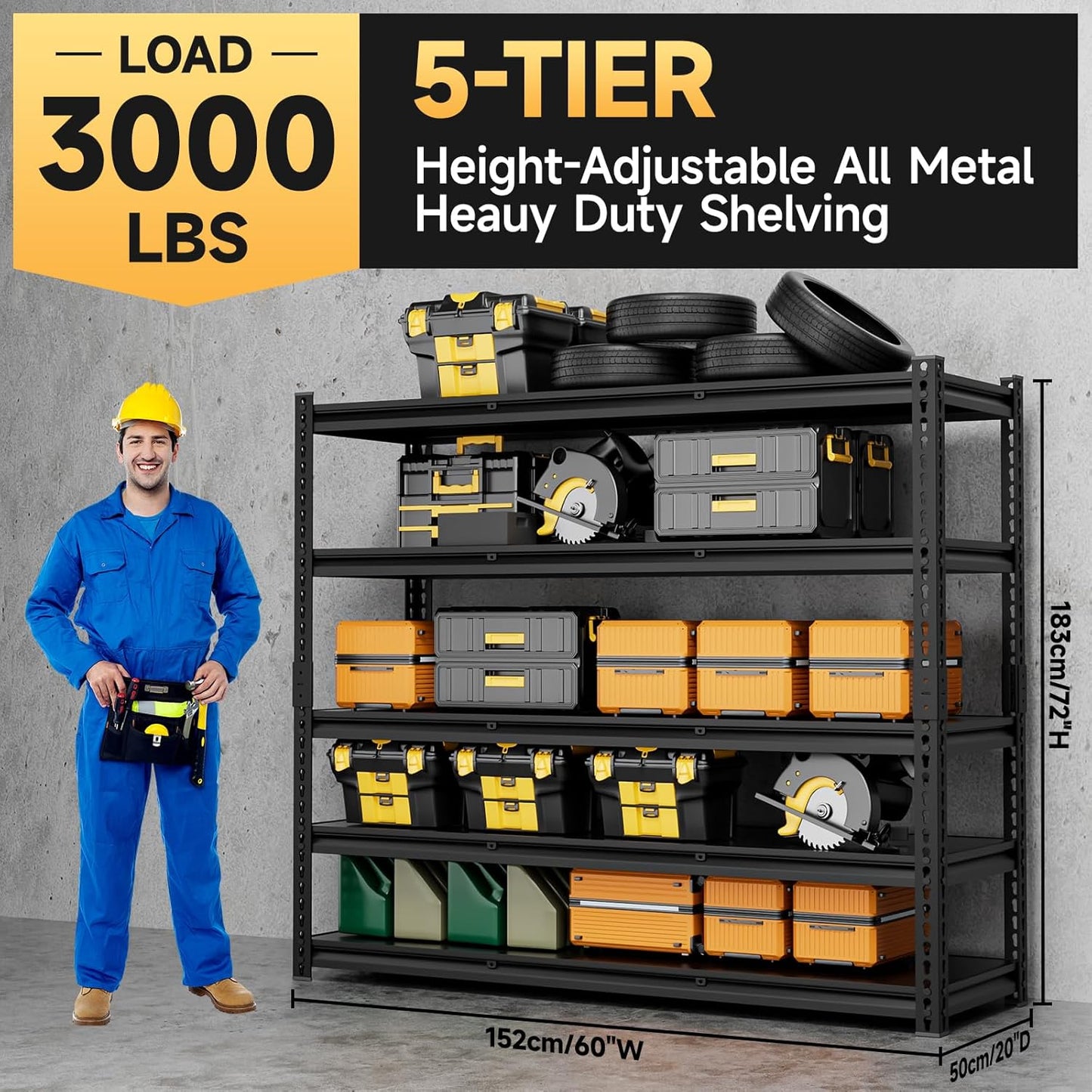 5-Tier 60”D X 20”W X 72”H Garage Shelving Heavy Duty 3000LBS Shop Shelves Heavy Duty Adjustable Unit Rack Metal Rack (Black)