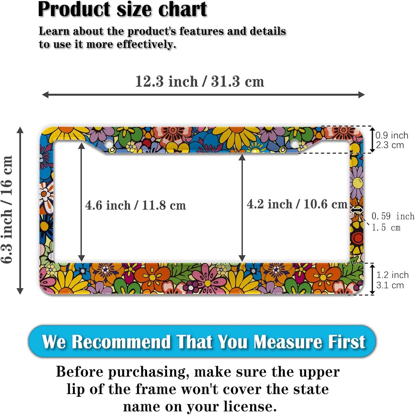 License Plate Frames Multicolor Car Plate Frames Abstract Hippie Flowers Universal Aluminum Car Accessory 2 Pack with Screw Covers Set