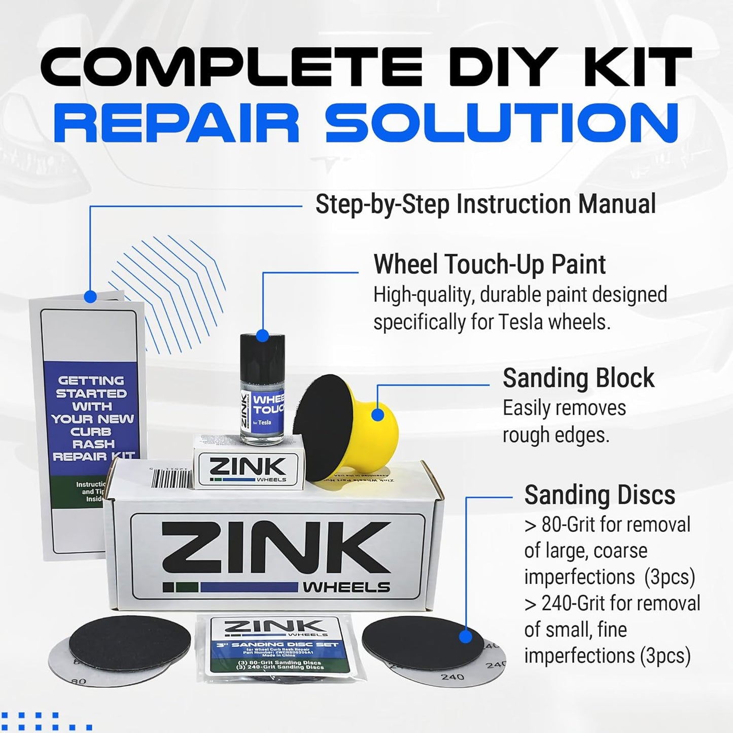 Premium Tesla Wheel Curb Rash Repair Kit for Model Y 19-inch Silver Gemini Rims - DIY Kit with Color-matched Touch Up Paint - Made in USA