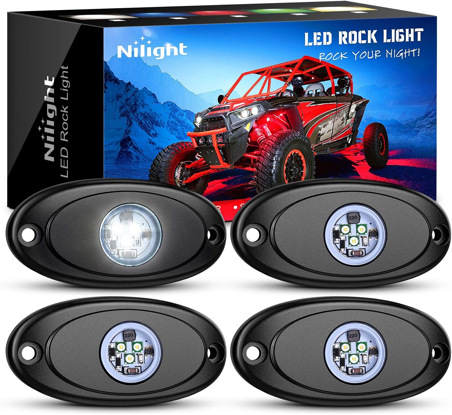 Nilight LED Rock Light 4PCS Underglow Wheel Well Pods Waterproof Exterior Underbody Roof Rack Side Lamps for Car Truck Pickups ATV UTV SUV Motorcycle Boat, White Color