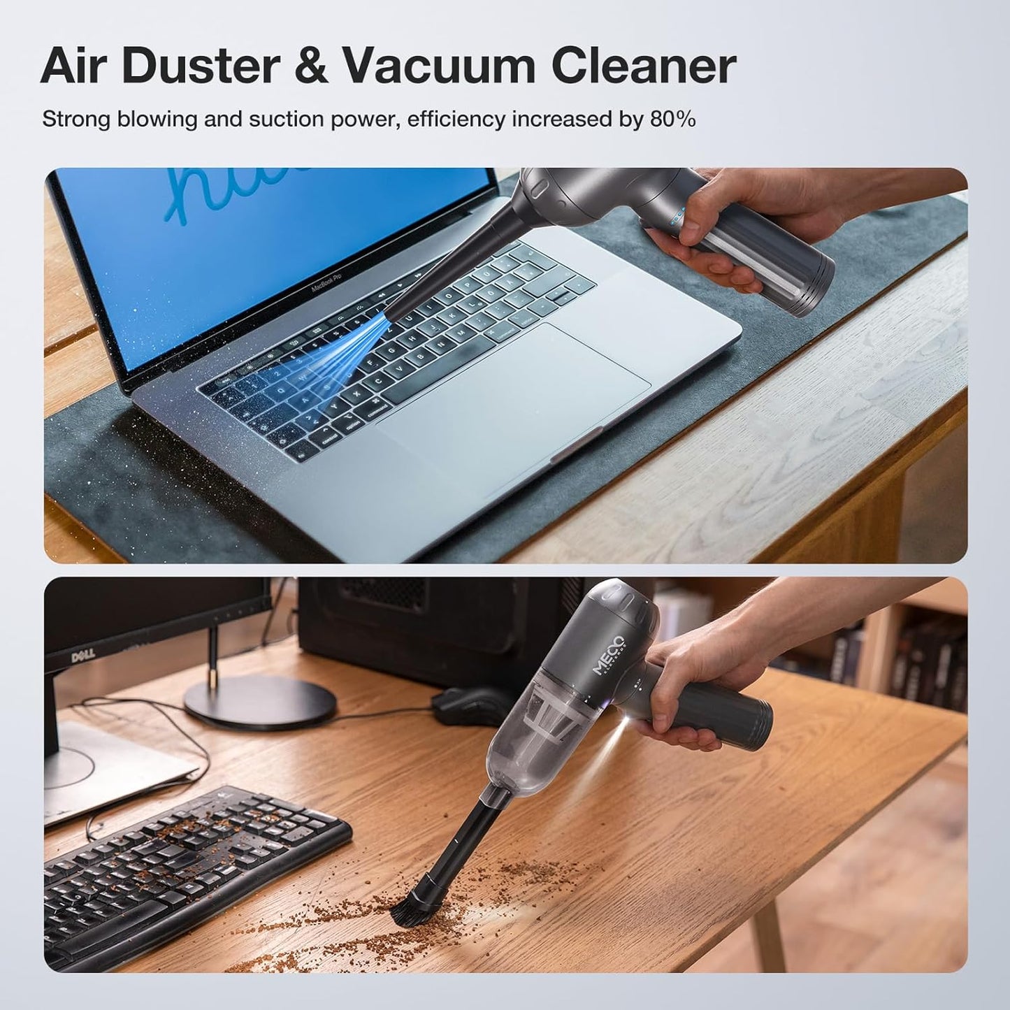 MECO ELEVERDE Compressed Air Duster Electric, 130000RPM 4in1 Air Duster Vacuum/Mini Vacuum/Air Blower & Pump, 3 Gear Brushless Motor with LED Light for PC, Keyboard, Car, Carpet (Gray)