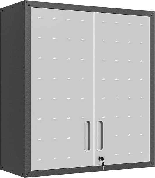 Garage Wall Mounted Storage Cabinet with Doors and Shelves, Lockable Metal Wall Cabinet, Hanging Tool Cabinet for Garage Utility Room (Black & Grey)