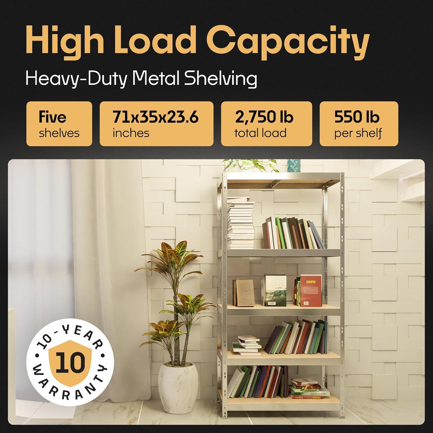 Storage Shelves: 5 Storage Shelves Heavy Duty w/ 2,750 lb Total Load Capacity, 550 per Storage Shelf, 71x35x24 | Perfect Solution for Your Storage Needs | Adjustable Shelving Unit