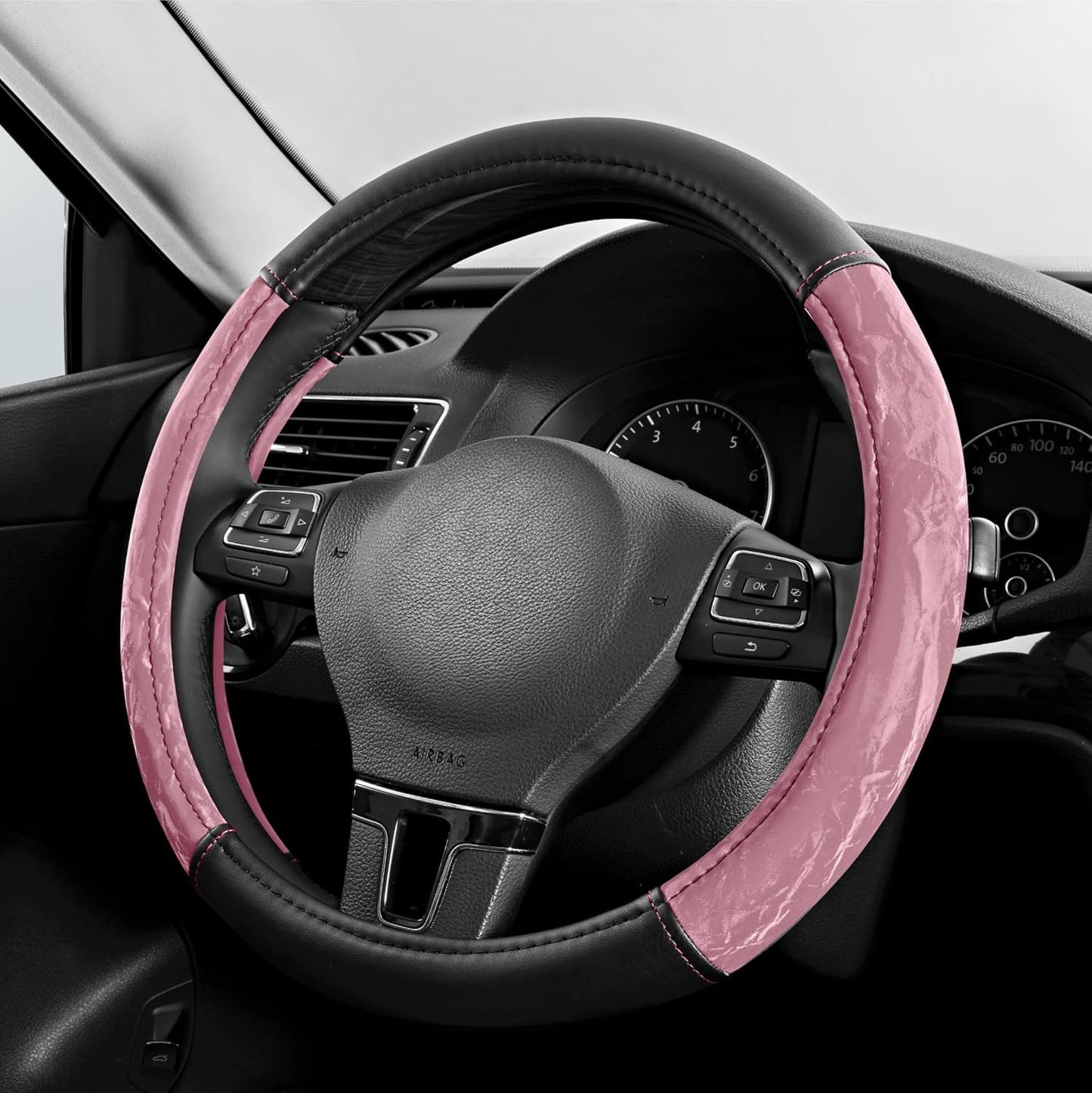 PIC AUTO Steering Wheel Cover, Silk Grain Leather Car Steering Wheel Protector, Comfortable Grip, Universal 14.5-15.5 Inch Anti-Slip Steering Wheels Accessories for Men & Women (Pink)