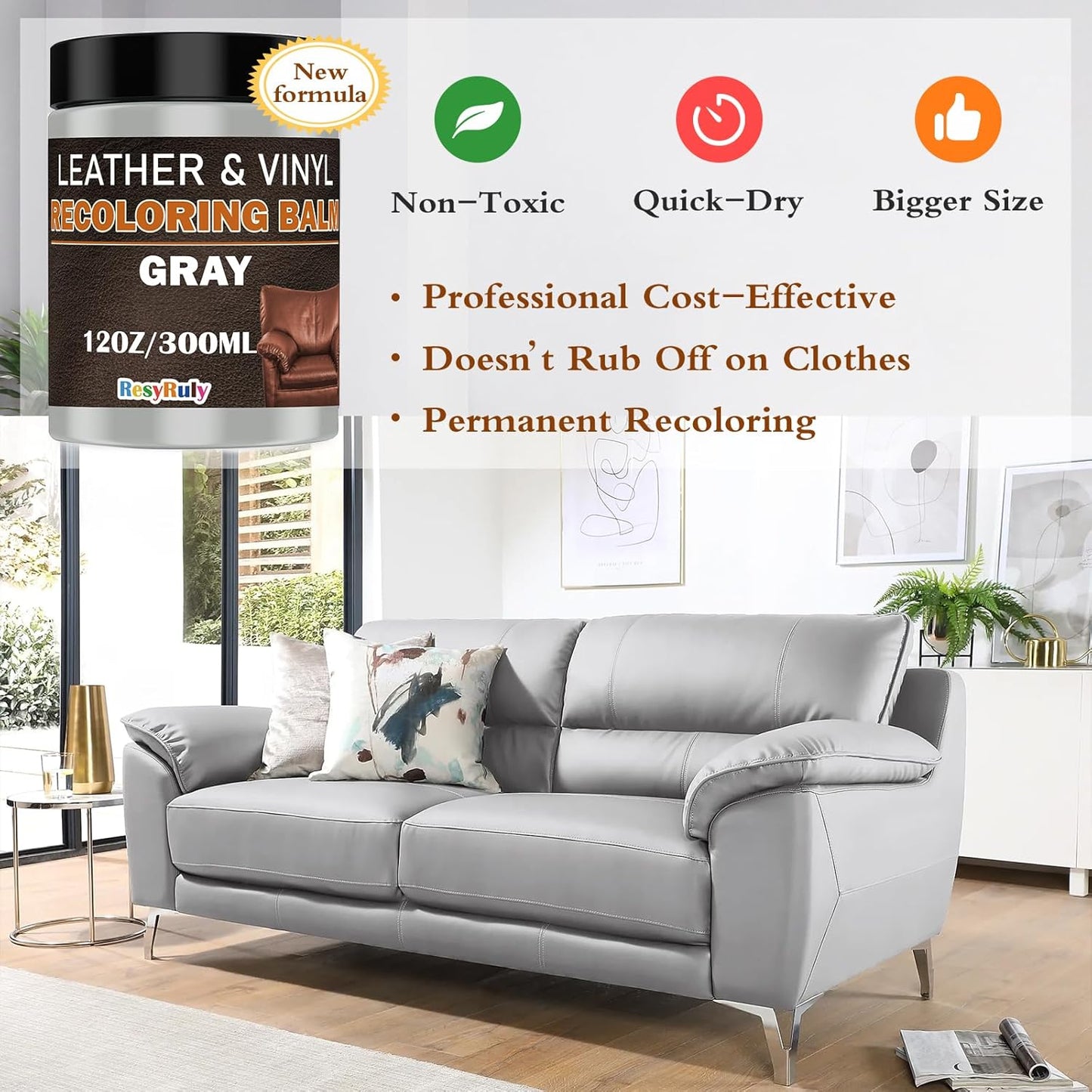 Gray Leather Recoloring Balm Vinyl Auto Dash Board Car Seats Interior Paint Furniture Dye Color Restorer Shoes Sofa Gloves Jacket Purse Bag Couch Stain Remover Fade Scratches Wear Out Repair