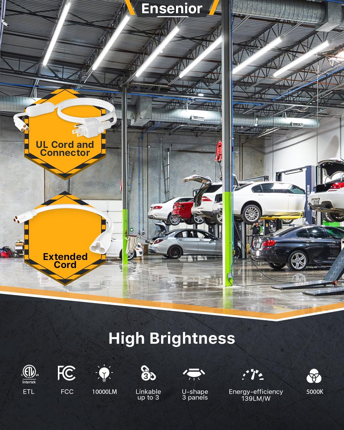 Ensenior 6 Pack 8 FT Led Shop Lights, 5000K Daylight, 10000LM Super Bright, 72W Equivalency 936W, Commercial Bay Lighting, U-Shaped Linkable Shop Lights Plug in for Garage, Workshop, FCC Certified