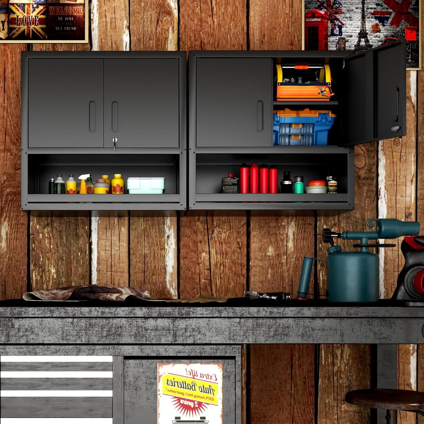 Garage Wall Cabinet with Doors and Shelves, Wall Mounted Metal Storage Cabinet with Open Storage, Lockable Hanging Tool Cabinet for Garage Utility Room, Black