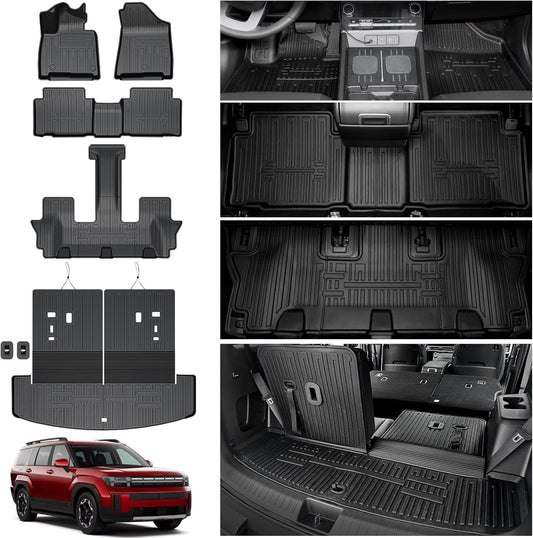 Floor Mats for 2025 Hyundai Santa Fe, All Weather TPE Cargo Mat with Backrest Mat Interior Car Mats Protection for Hyundai Santa Fe Calligraphy Accessories (Fit Hybrid and Fuel) 2024 2025