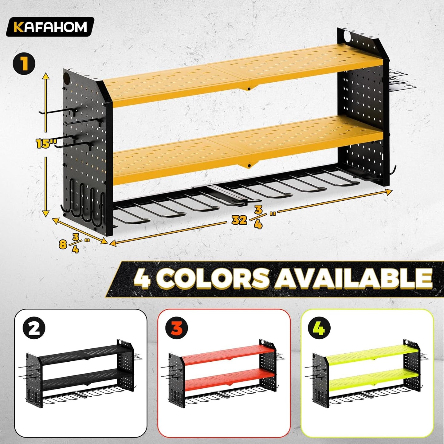 KAFAHOM Power Tool Organizer,Large 8 Drill Holder Wall Mount with 2 Side Pegboards,Metal Tool Shelf with 12 Hooks,Storage Rack for Garage Organization,Utility Cordless Drill Holder - Yellow