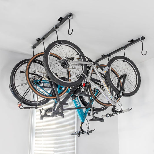 Teal Triangle Ceiling Mounted Bike Rack for Garage - Premium Bicycle Stand & Hanger for Space-Saving Storage | Adjustable Ceiling Hooks Hold 4-8 Bikes - Indoor Bicycle Rack System for basement