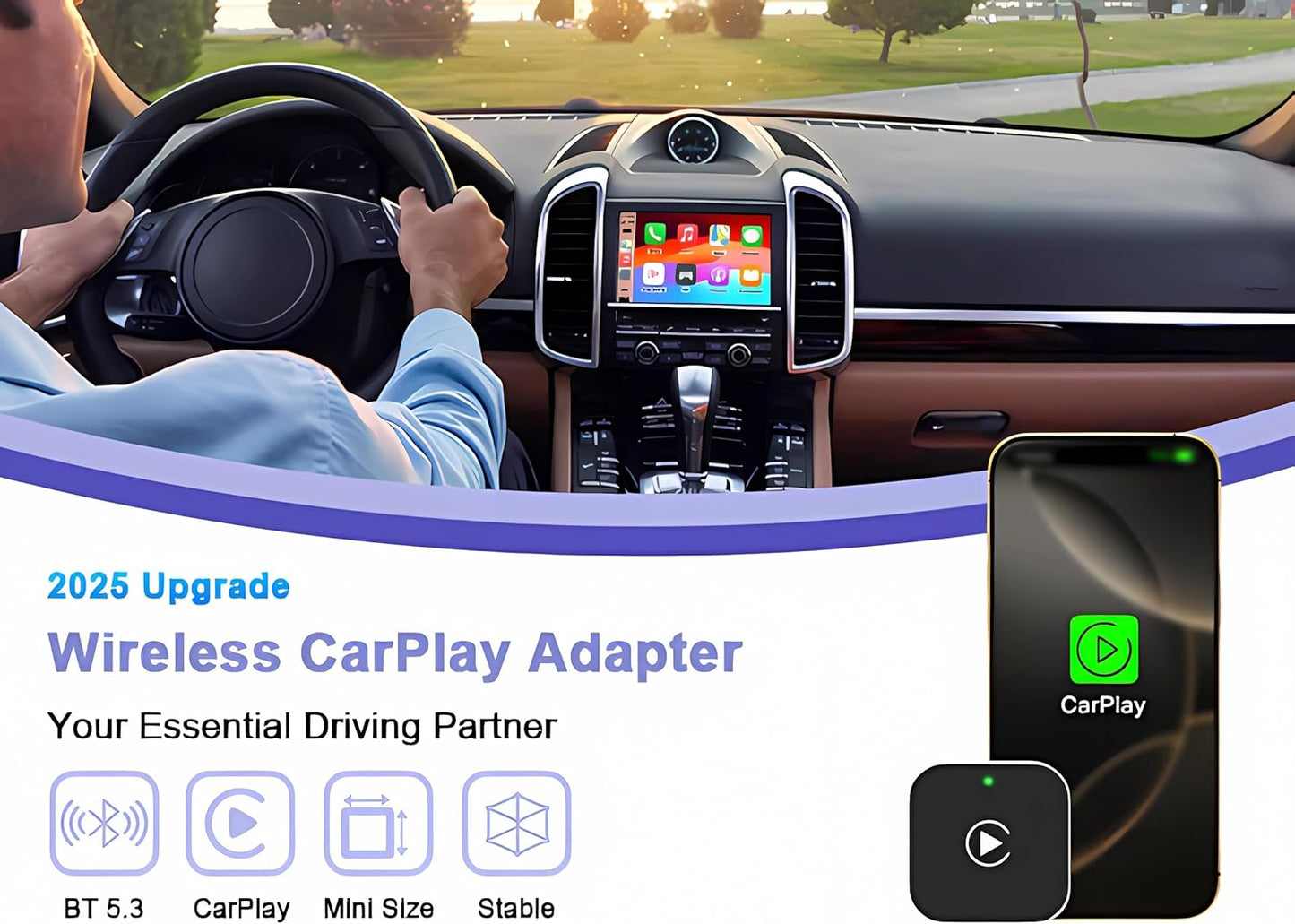 Wireless CarPlay Adapter for iPhone, 2025 Upgrade Convert Wired to Wireless Apple CarPlay Adapter, Mini Size USB Design for Cars with USB-A & Type-C Extension Cables, Stable Control, Plug and Play