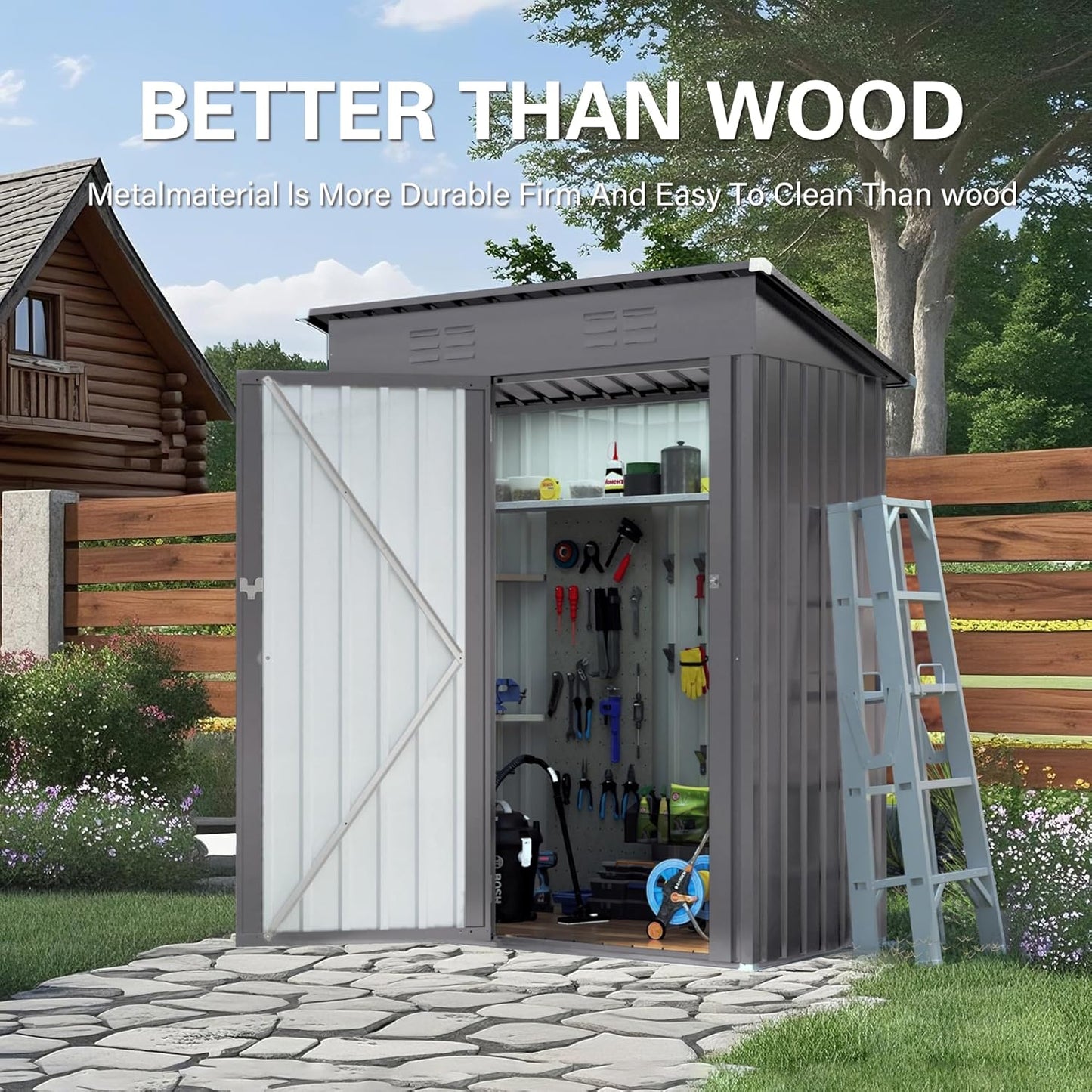 IKERY 5X3 FT Metal Outdoor Storage Shed, Tool Shed with Pitched Roof and Lockable Door Compact Metal Tool Shed for Garden, Backyard, Patio, Everyday Sundries and Bike Storage, Gray