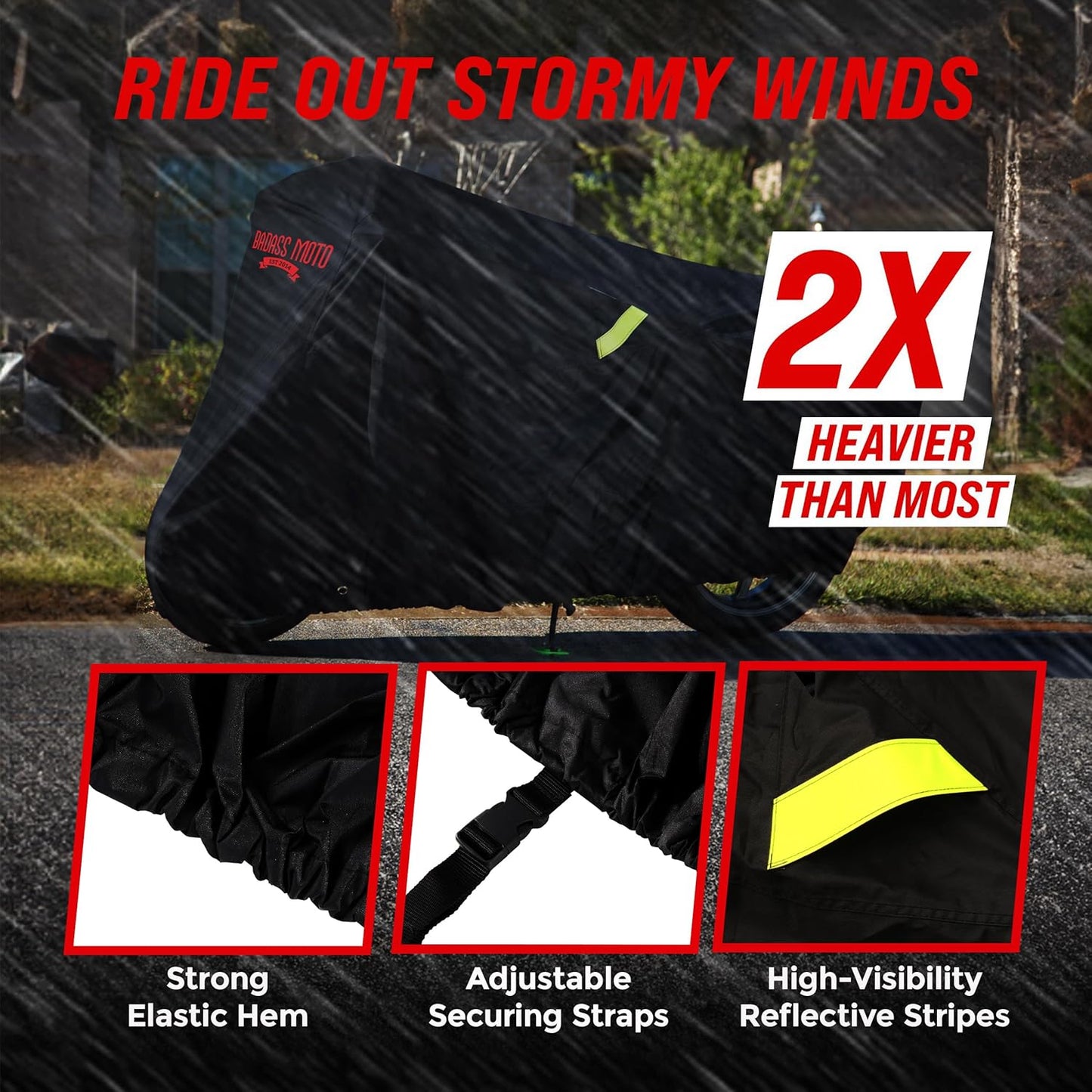 Badass Moto Ultimate Motorcycle Cover Waterproof Outdoor Heavy Duty Durable All Season Storage Harsh Weather Sun Rain Cover fits Harley Davidson Street Glide, Vulcan, Shadow, Cruiser Bikes. Large 97L