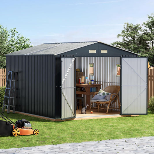 10x12 FT Outdoor Metal Storage Shed, Double Swing Doors, 2 Clear Windows, Replaceable Skylight Roof Panel, Tool Shed for Garden, Patio, Backyard